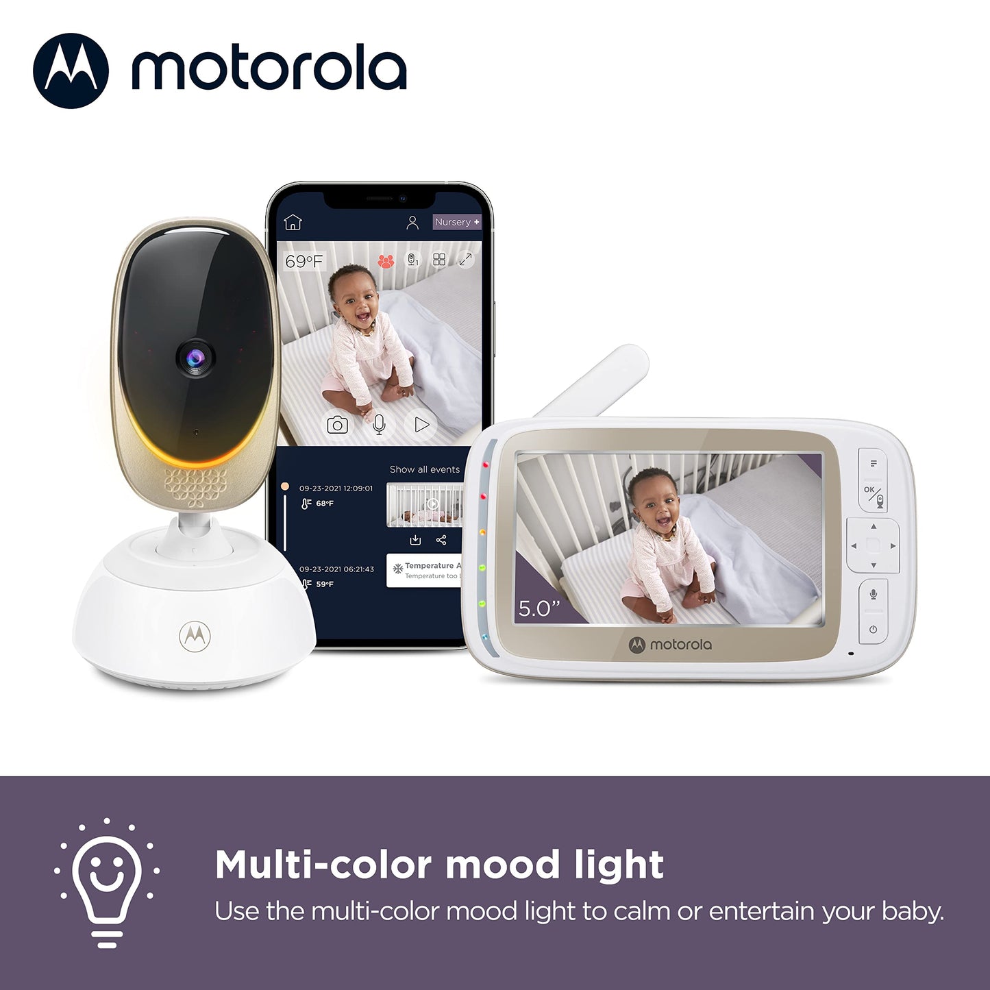 Motorola Nursery VM85 Video Baby Monitor WiFi Camera, Mood Light, HD, 1000ft Range, 2-Way Audio, Pan/Tilt/Zoom, Temp, Lullabies, Night Vision