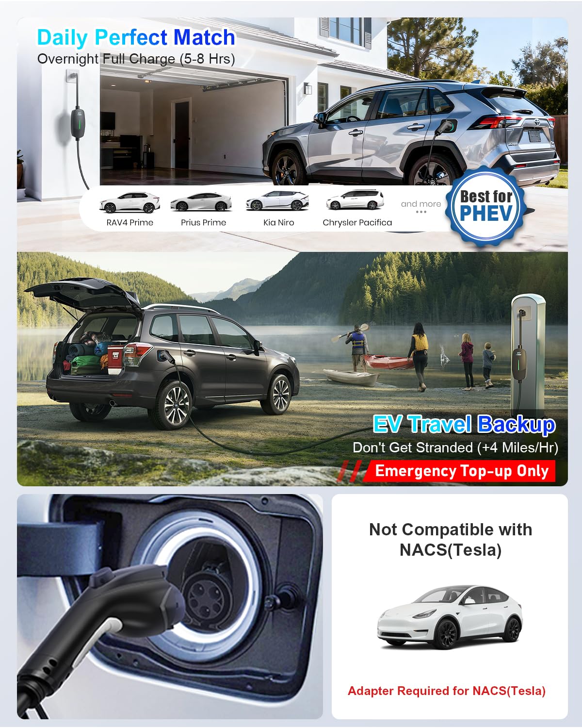 EVDANCE Level 1&2 EV Charger, Electric Vehicle Portable Charger with 25FT Cable, Home EV Charging Station for J1772 Electric Cars, 12A 120V/16A 240V, NEMA 5-15 & NEMA 6-20 Plug