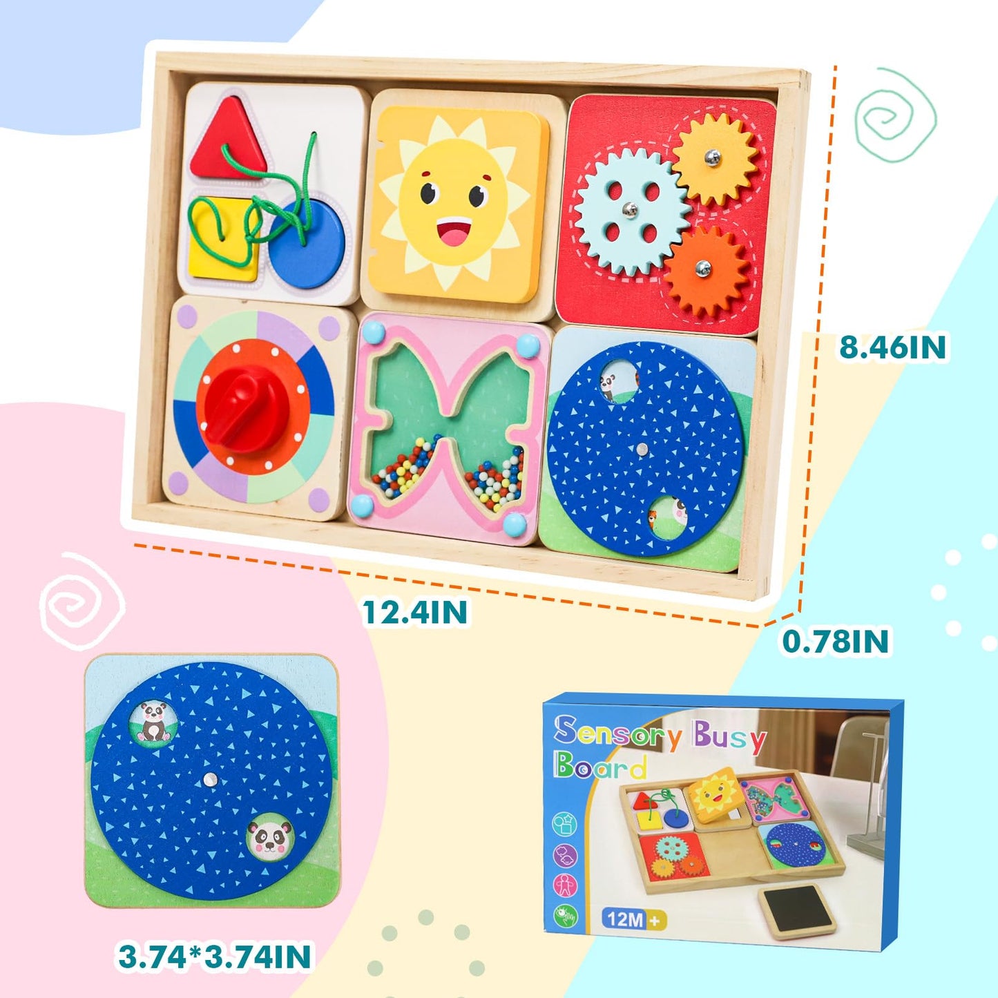 Ancaixin 6-in-1 Montessori Busy Board for 1 Year Old, Magnetic Sensory Toys for Toddler, Wooden Activity Busy Board for 12+ Months Baby, Fine Motor Skills Toys for Boys & Girls, Birthday Gifts 1 2 3