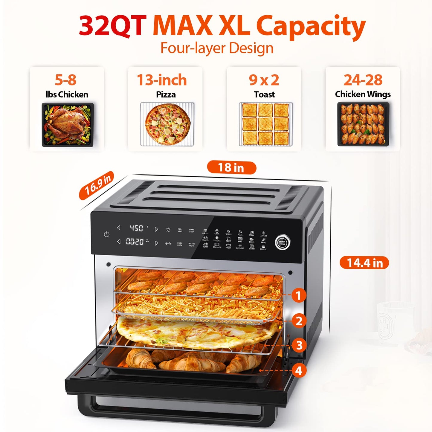 Aeitto® 32-Quart PRO Large Air Fryer Oven| Toaster Oven Combo | with Rotisserie, Dehydrator and Full Accessories | 19-In-1 Digital Airfryer | Fit 13" Pizza, 9pcs Toast, 1800w, Black