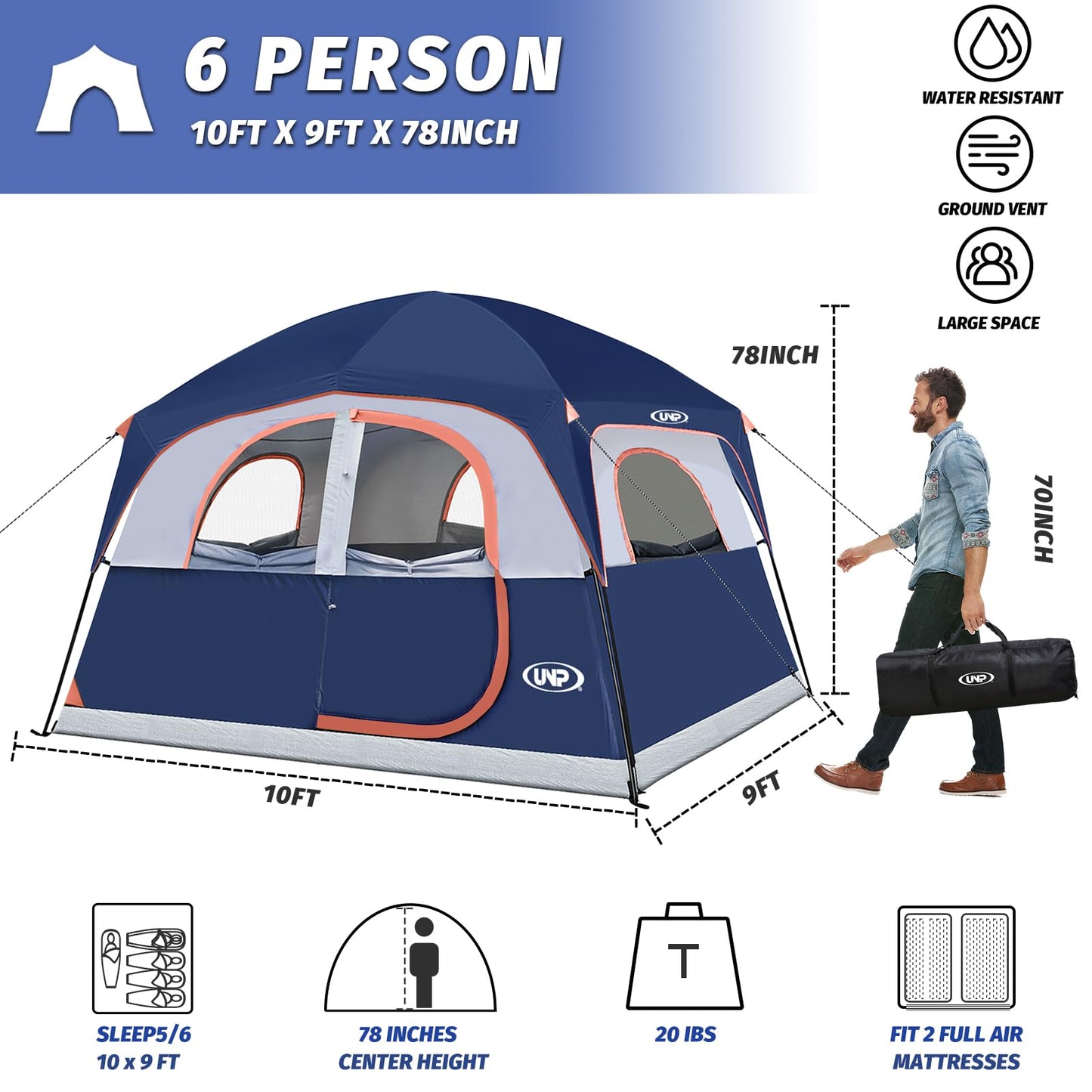 UNP Tents 6 Person Waterproof Windproof Easy Setup,Double Layer Family Camping Tent with 1 Mesh Door & 5 Large Mesh Windows -10'X9'X78in(H) (Navy Blue)