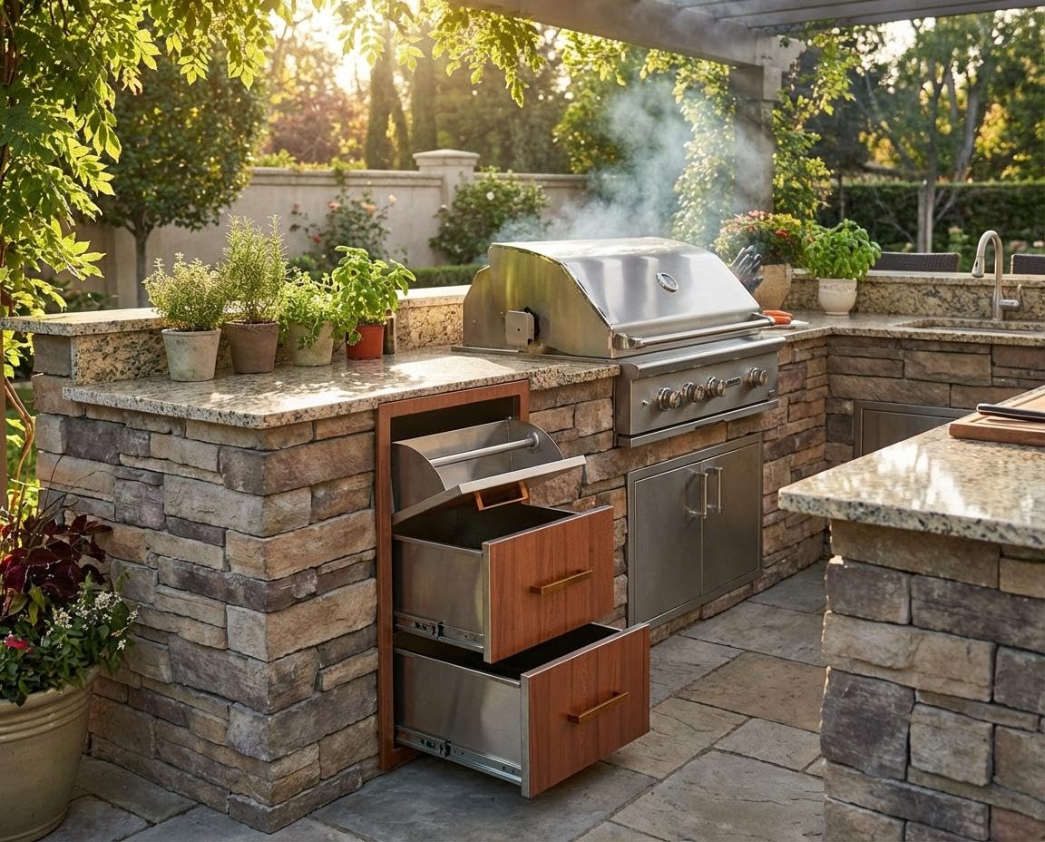 GarveeLife Outdoor Kitchen Drawers, 17" w x 30" h x 21" d Flush Mount Triple Drawers with Paper Towel Rack, 304 Stainless Steel Triple BBQ Drawer for Kitchen Island, Patio Grill Station, Brown Grain