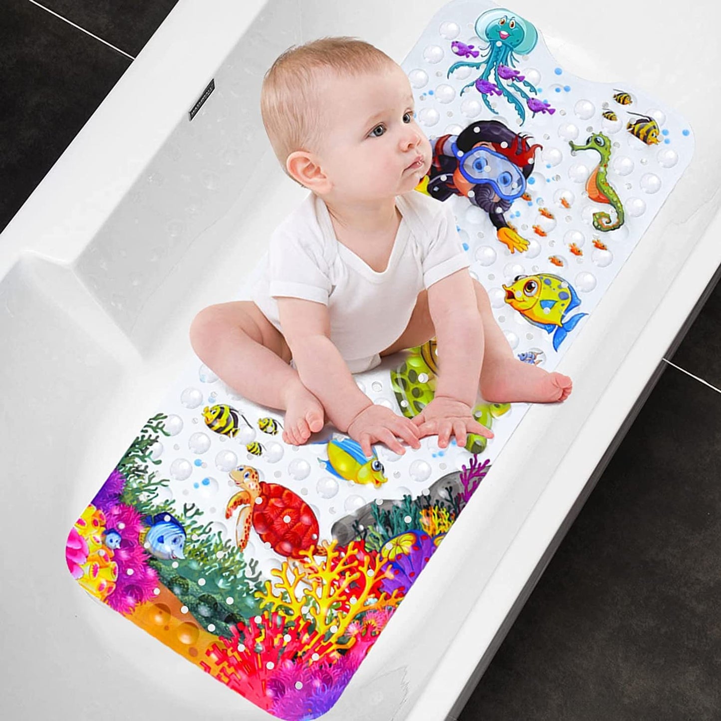 youxiaoshi Baby Bath Mat, Bathroom Bathtub Mat for Kid's, Cartoon Bath Tub Shower Mat with Drain Holes and Suction Cups, 40 X 16 Inch Soft&Non-Slip, Machine Washable (Turtle)