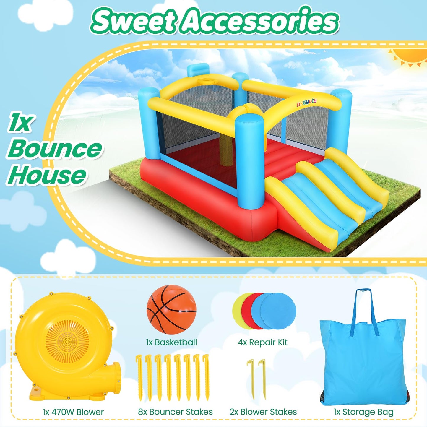 WHUBEFY Bounce House,Inflatable Bounce House for Kids with Blower Included,Indoor/Outdoor Playhouse Kids Bouncy House for Backyard,Jumping Castle with 2 Slides,Jumping Area (Inflatable Bounce House)