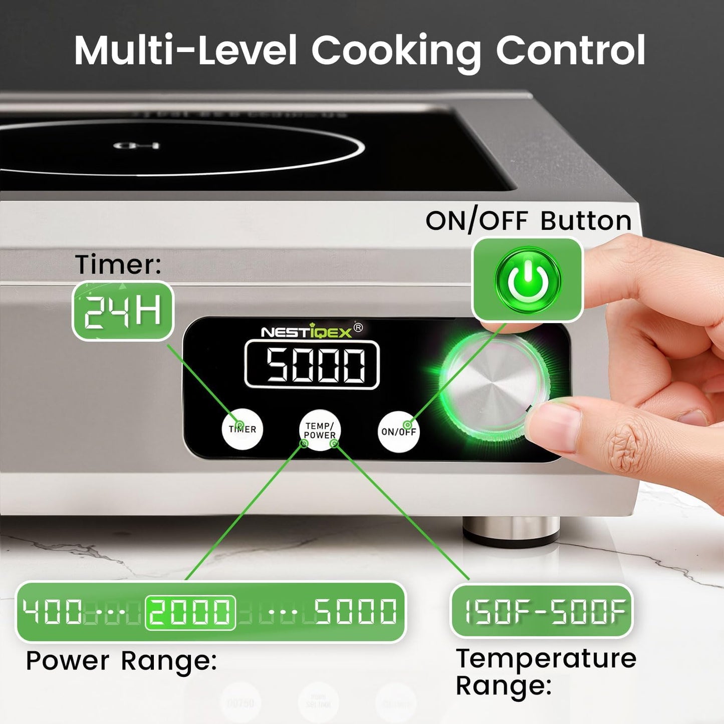 5000W Commercial Induction Cooktop, NESTIQEX 208V 3-Phase Large Induction Burner with 20 Power & Temp Levels, 9" Large Coil, 24h Timer, Pro Electric Countertop Burners for Restaurant