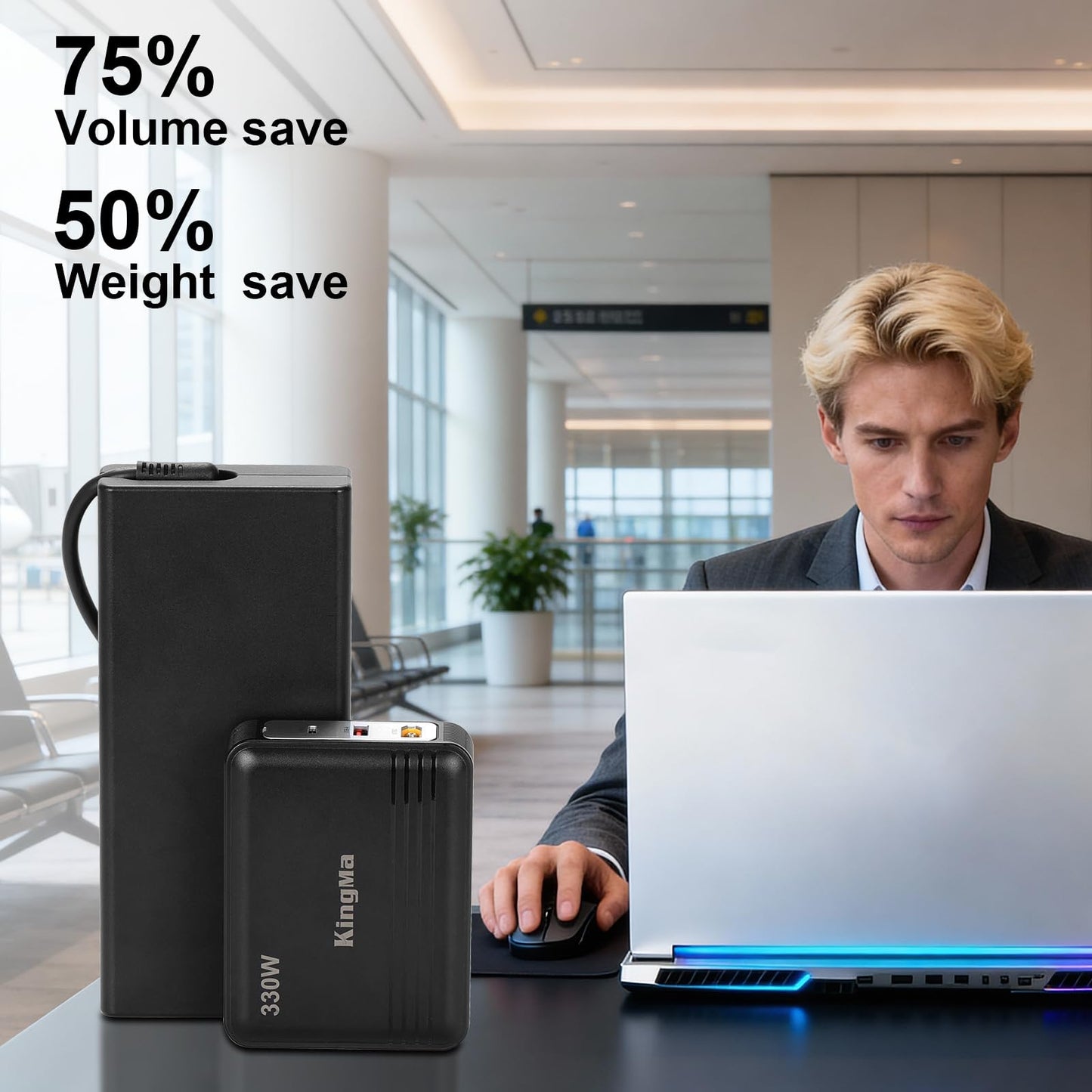 King Ma GaN Portable Laptop Charger Compatible with Legion Pro 7i Gen 10,3 Ports Fast Charging,with a Power Cable with a 11-45 mm Charging Port(20V/20A Output), for Gaming and Engineering Laptops.