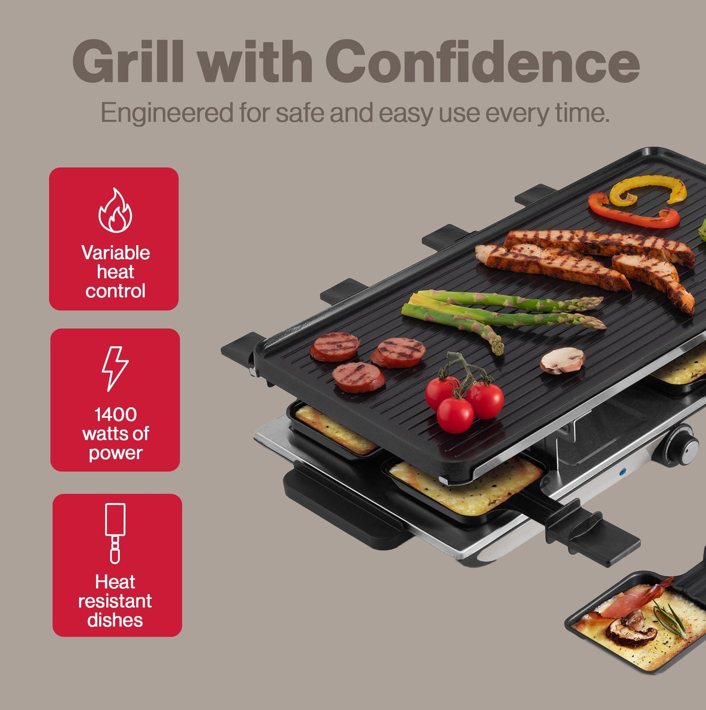 Swissmar Geneva Raclette Grill with Reversible Cast Aluminum Grill Top - Perfect for outdoor & Indoor Electric Raclette Grill & Griller - Barbeque Bonding - 8-Person