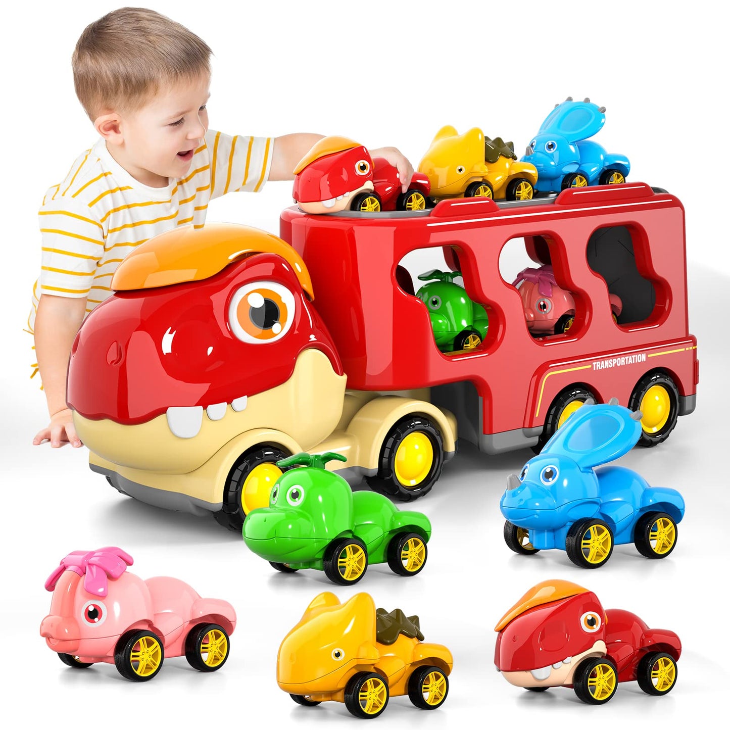 Doloowee Dinosaur Truck Toys for Kids 3-5 Years, Cars Toys for Toddler, 6 in 1 Jurassic Dinosaurs Trucks Toys, Semi Truck Toy Car for Boys and Girls Age3+