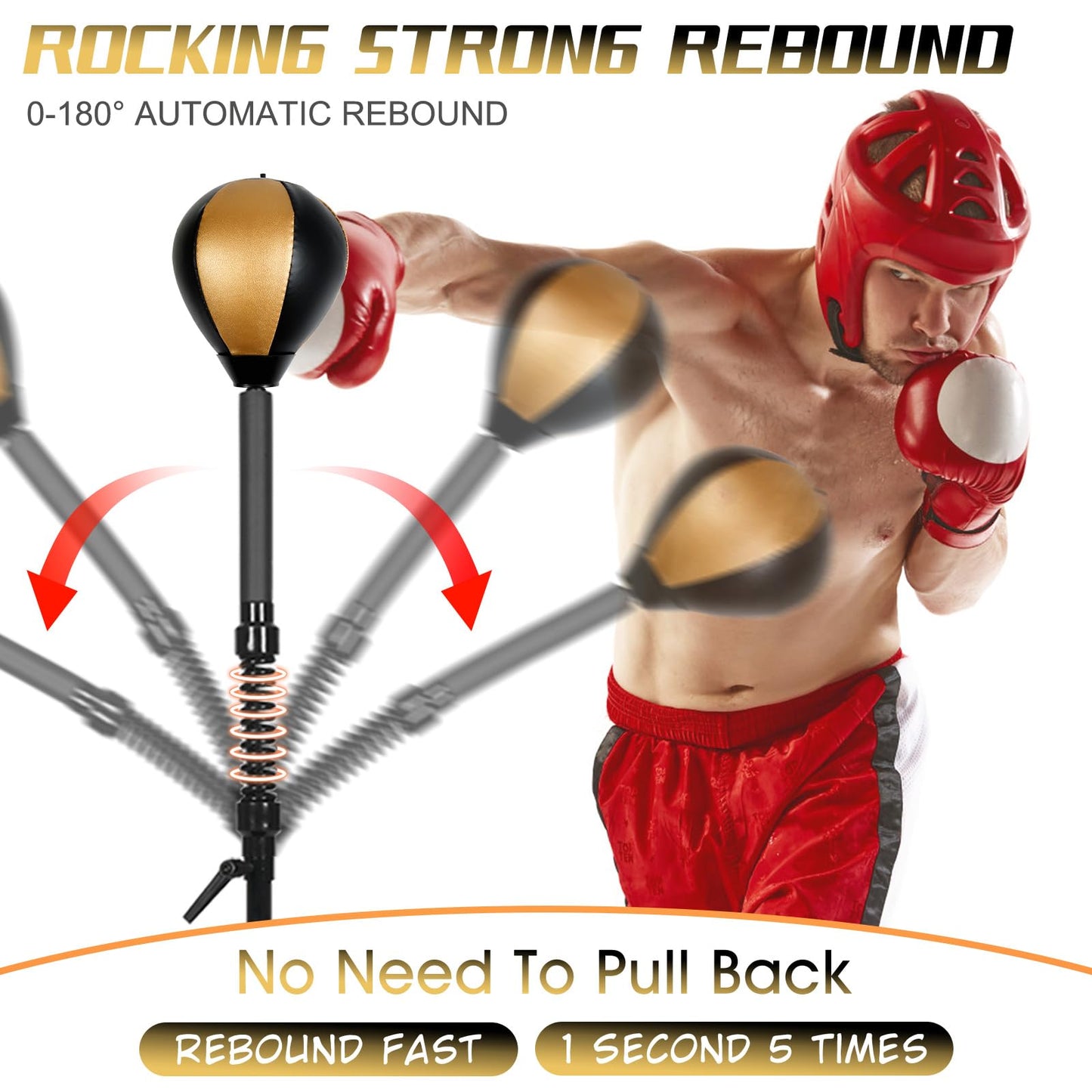 Standing Reflex Speed Bag with Thick Base, Adjustable Height & Reinforced Spring (Golden Black)