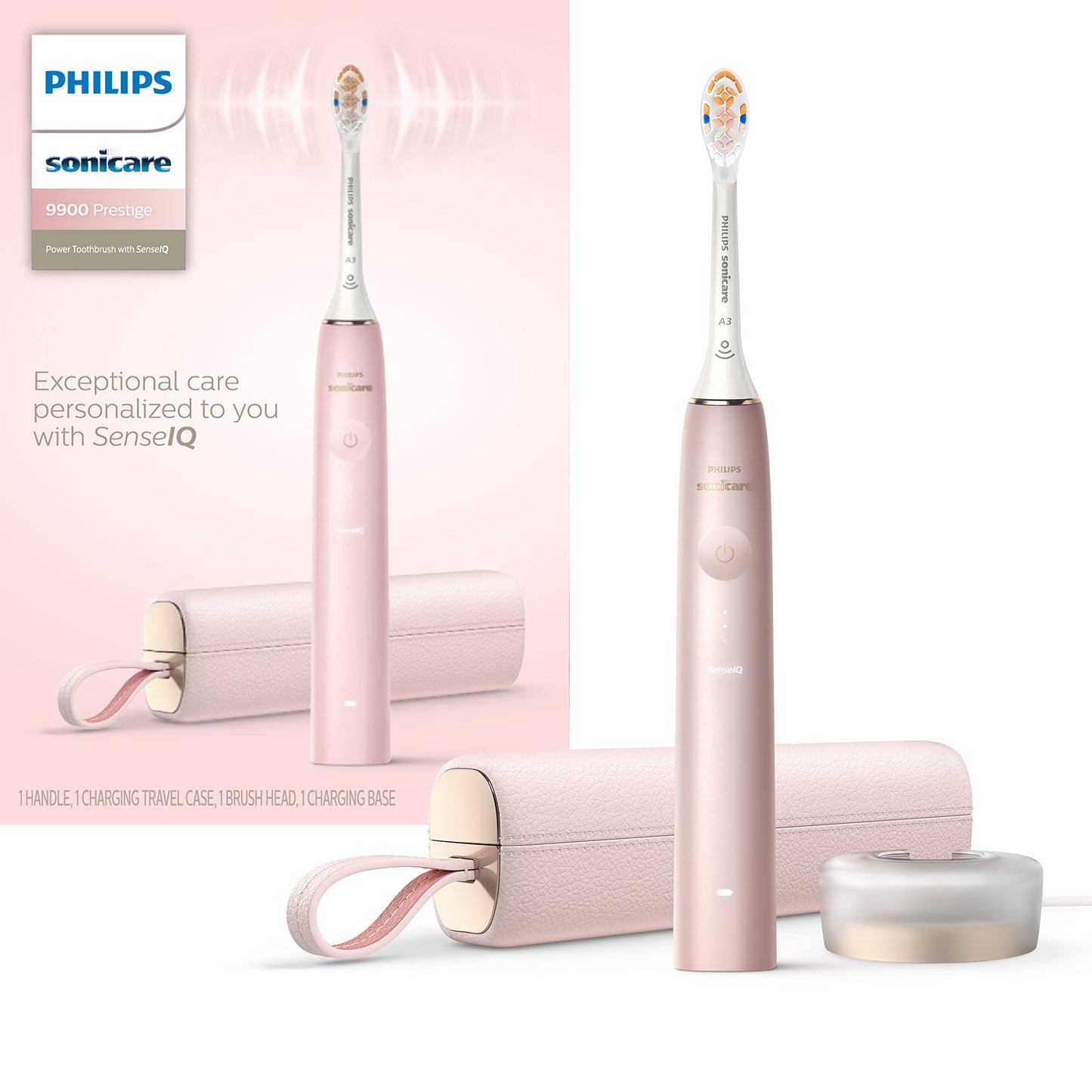 Philips Sonicare 9900 Prestige Rechargeable Electric Power Toothbrush with SenseIQ, Pink, HX9990/13 & Cordless Power Flosser 3000 - Mint