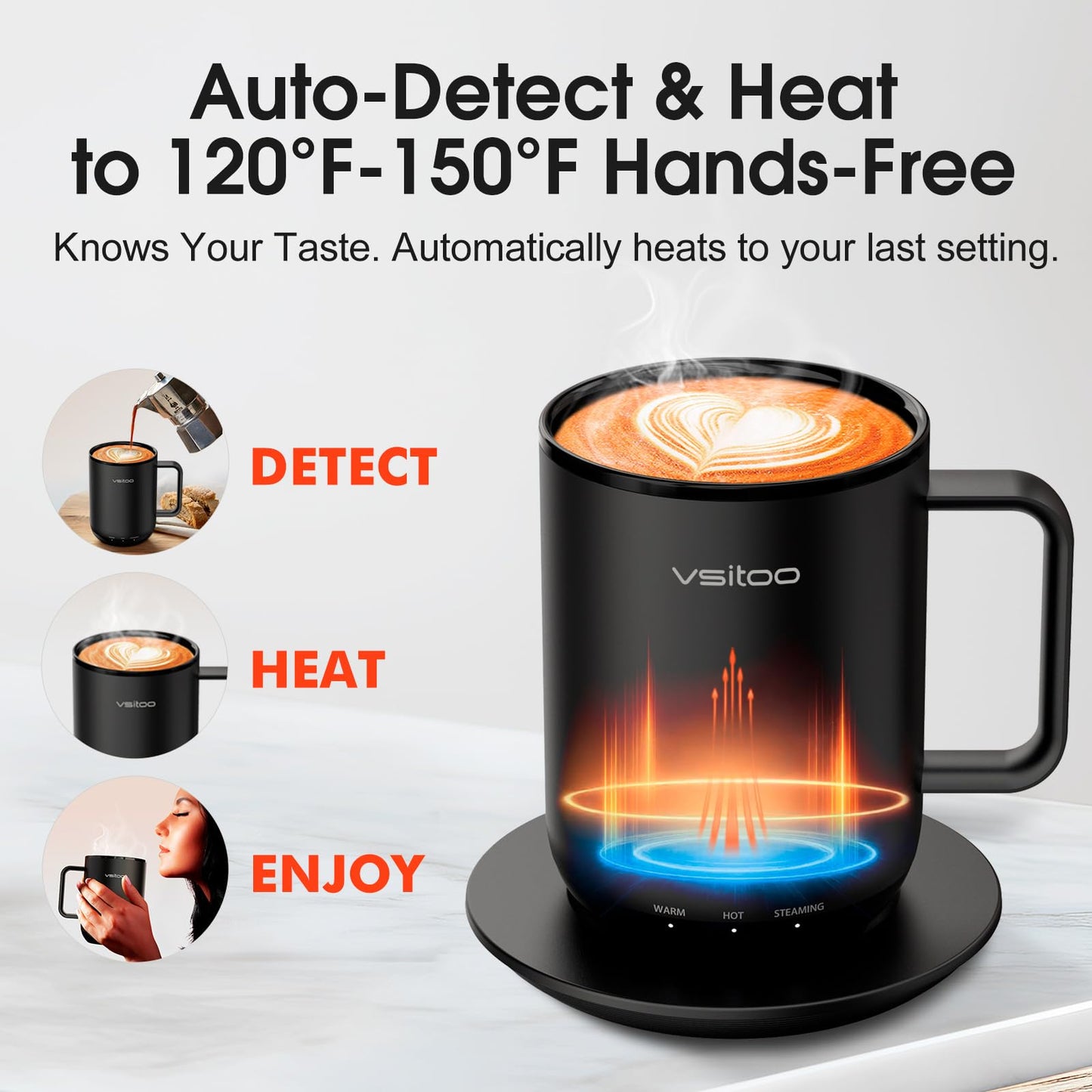 Vsitoo S3 Plus 14oz Heated Coffee Cup - Temperature Control Smart Mug with Mug Warmer, Auto-Sensing AI Heats Drinks to 120-150°F Hands-Free.Ideal for Home/Office/Gifts,Black