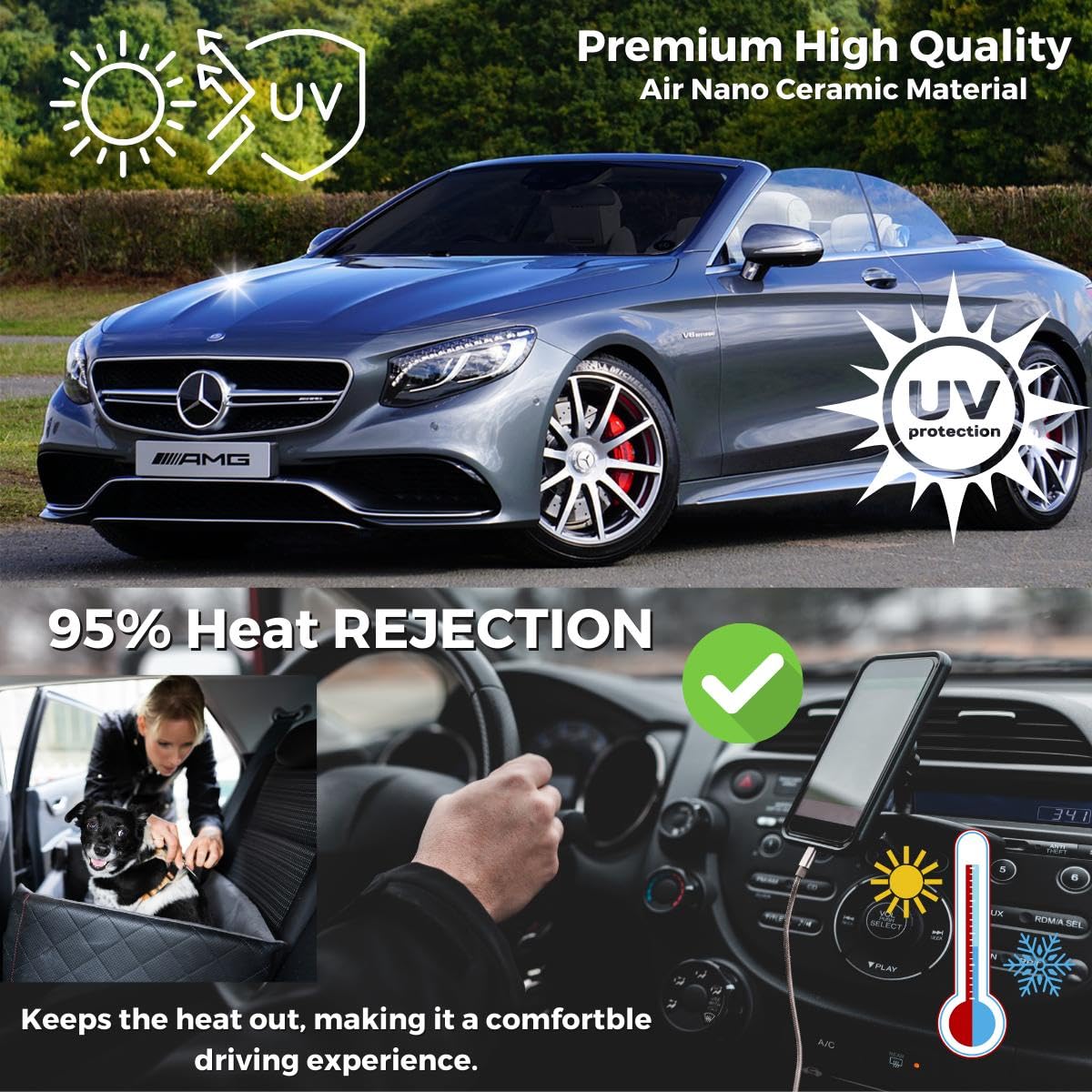 RockRose 70% Air Nano Ceramic Car Window Tint 60 in x 100FT 2PLY Charcoal Privacy Film Heat, UV 99%, and IRR 93% to 95% for Auto or Home Adhesive Film Easy Shrink, Plotter Friendly