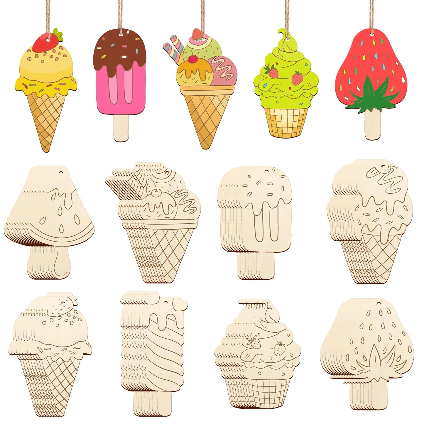 80PCS Wooden Spring Ornaments to Paint, 8 Styles DIY Blank Unfinished Wood Cutouts Ornament for Home Crafts Hanging Decorations, Insect Dragonfly Butterfly Snail Watering Can Mushroom Flower Shape