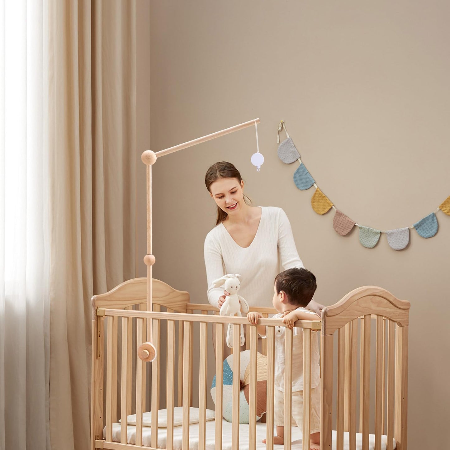 WIOSOUL Baby Crib Mobile Arm Wooden Holder with Rotating Music Box Nursery Decor Attachment Safe Anti Slip Set for Baby Girls Boys Nursery Decor