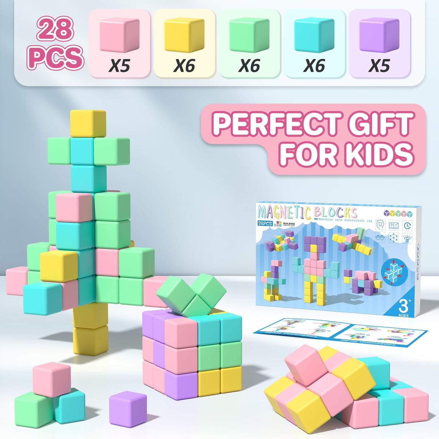 Asago Magnetic Blocks for Toddlers, 1.34in Macaron Magnetic Building Cubes for Kids Ages 1-3, Stem Preschool Stack Construction Educational Toys for 3+ Years Old Boys Girls