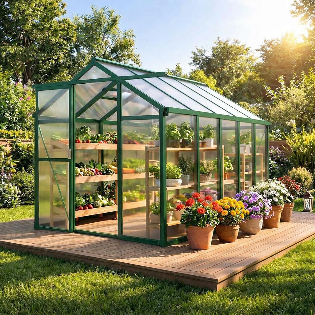 6X10FT Greenhouse, Aluminum Polycarbonate House, Green Houses for Outside with Sliding Doors, Outdoor Greenhouse with Ajustable Roof Vent, Withstands Bad Weather for Garden, or Backyard, Green