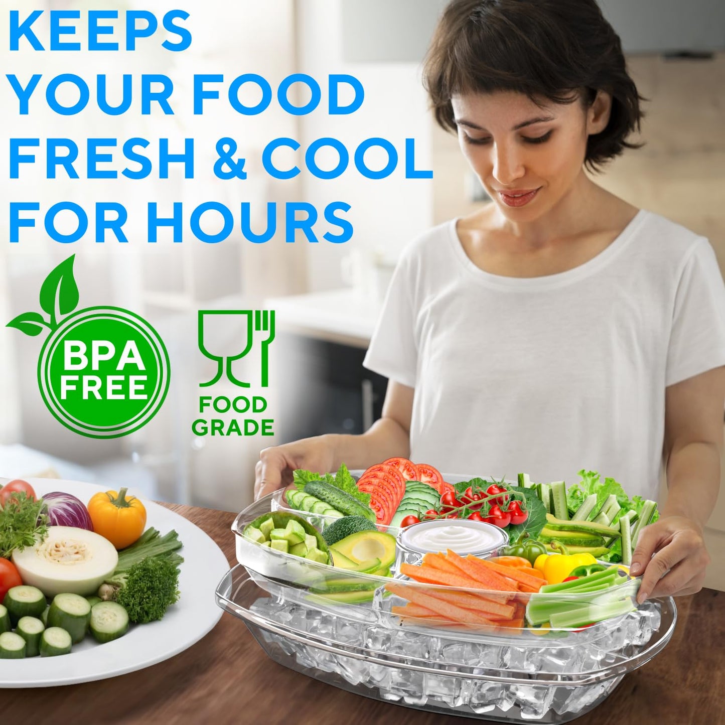 Premium Chilled Serving Tray for Parties - 15" Ice Chilled Party Platter w/Lid & Dip Holder - Functional Cold Dish w/ 4 Compartments - Perfect for Fruits, Veggies, Shrimp Cocktail - Keeps Food Cool