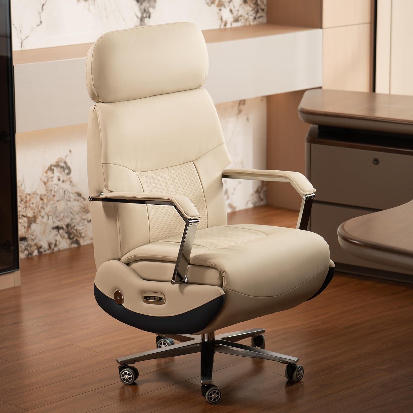 Kinnls Carlo Ergonomic Power Recliner Chair for Long Hours, Leather Electric Luxury Office & Home Desk Chair with Back Heating and Ventilation, 3-Speed Cooling, 400Lbs Capacity (Light Coffee)