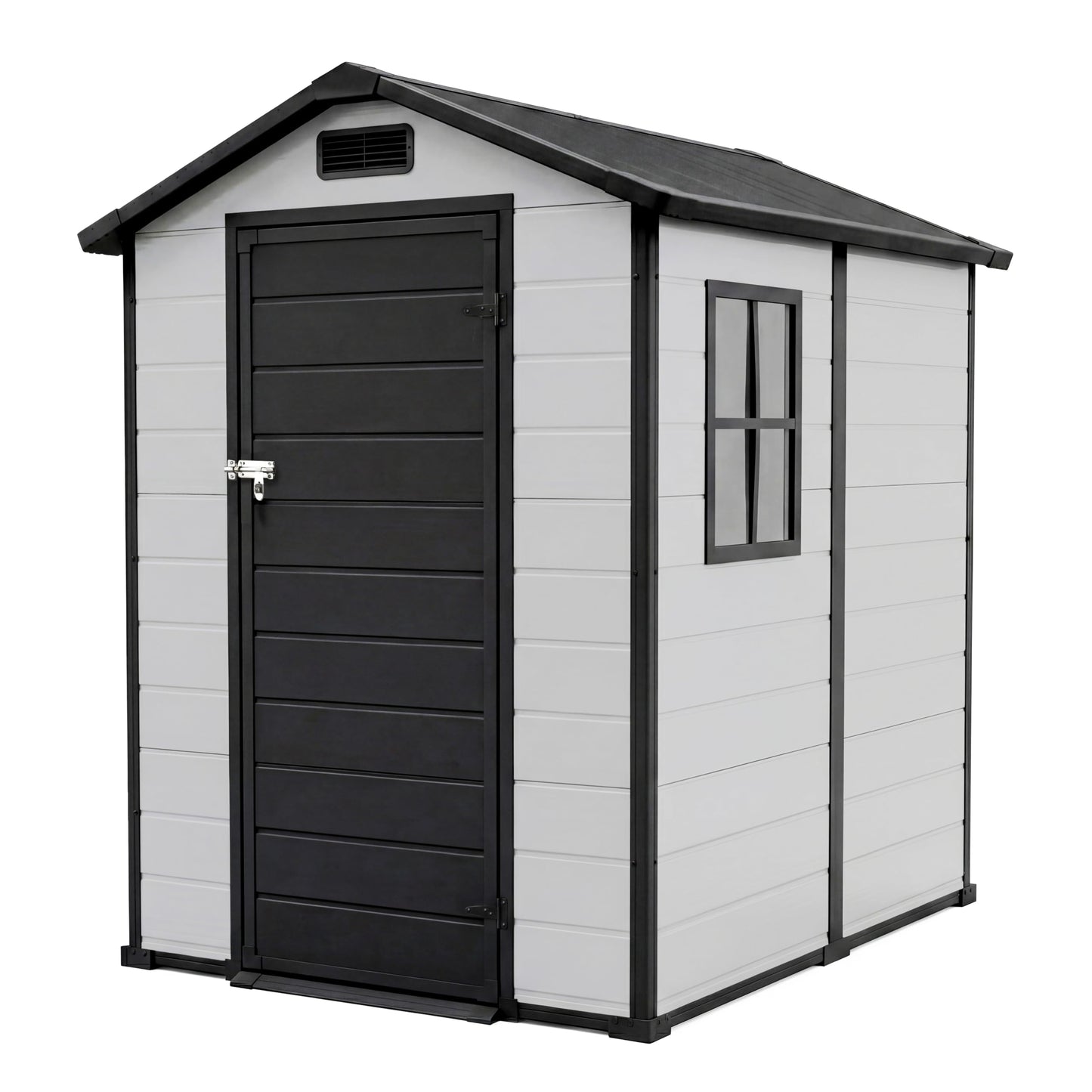 Plastic Outdoor Storage Shed with Floor & Window, 4x6 ft Resin Garden Shed for Patio, Lawn Mower, Bike & Tool, Waterproof Outdoor Storage with Lockable Door & 2 Vents & Sloped Roof for Backyard