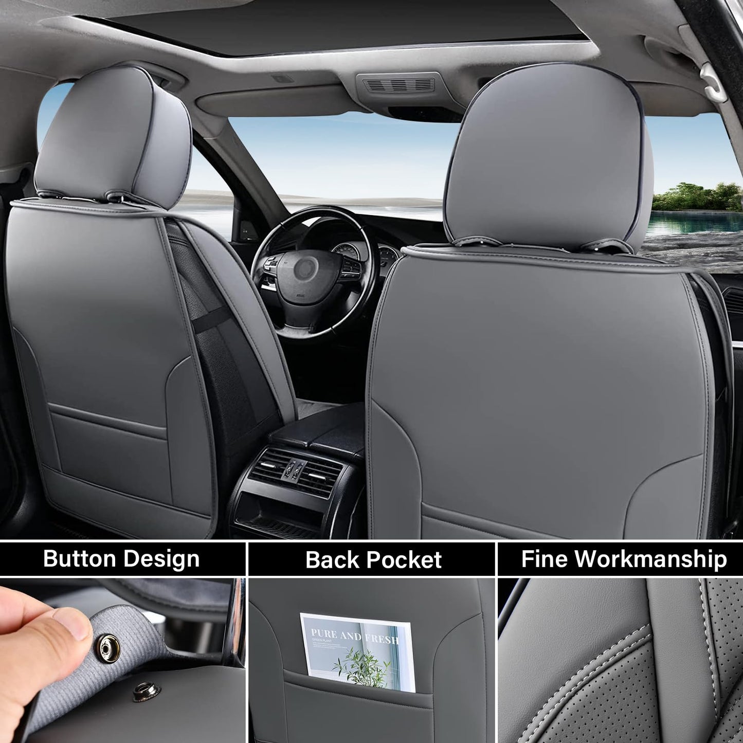 Coverado Car Seat Covers Full Set, Leather Ford F150 Seat Covers Fit for 2015-2025 F150 and 2017-2025 F250 F350 F450 Super Duty Crew Cab XL XLT Lariat King Ranch Platinum (Gray)