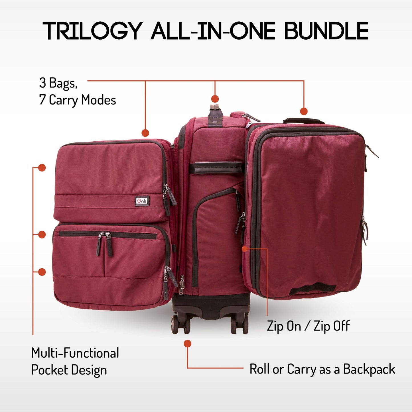 ONLI TRAVEL Trilogy All-In-One Bundle: 3-Part Modular Rolling Pack and 8 Perfect Fit Packing Cubes and a padded hip belt. Get 3 bags in 1 (Zinfandel)