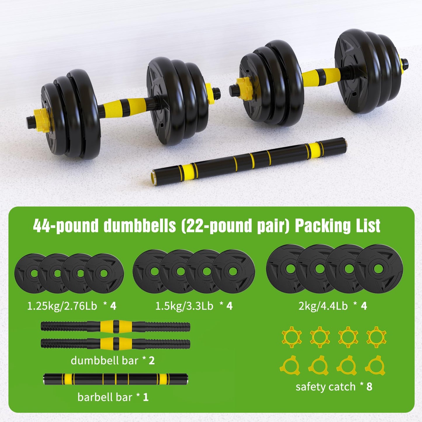 Adjustable Dumbbell Set, 66 lb Free Weight Dumbbell Barbell Set with Connectors, Converts to Barbell, for Home Gym Exercise, Women's and Men's Fitness Gear