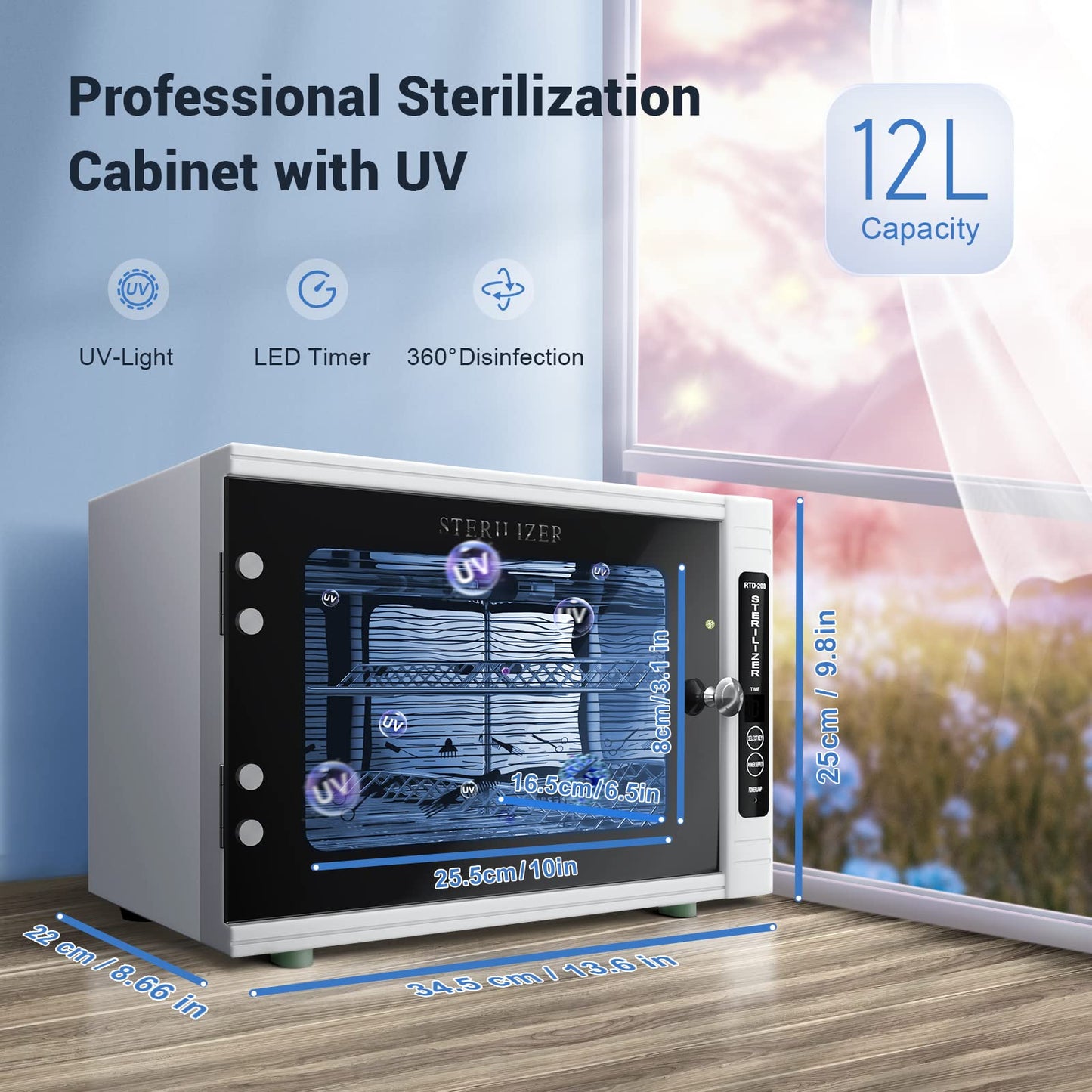 LETORS UV Sanitizing Cabinet (12L) Large Capacity - Metal Chemical-Free UVC Cleaner Box with Easy to Use Timer (5-60 Min) for Salon Tools, Manicure Supplies, Baby Bottles, Phones, Cutlery & More