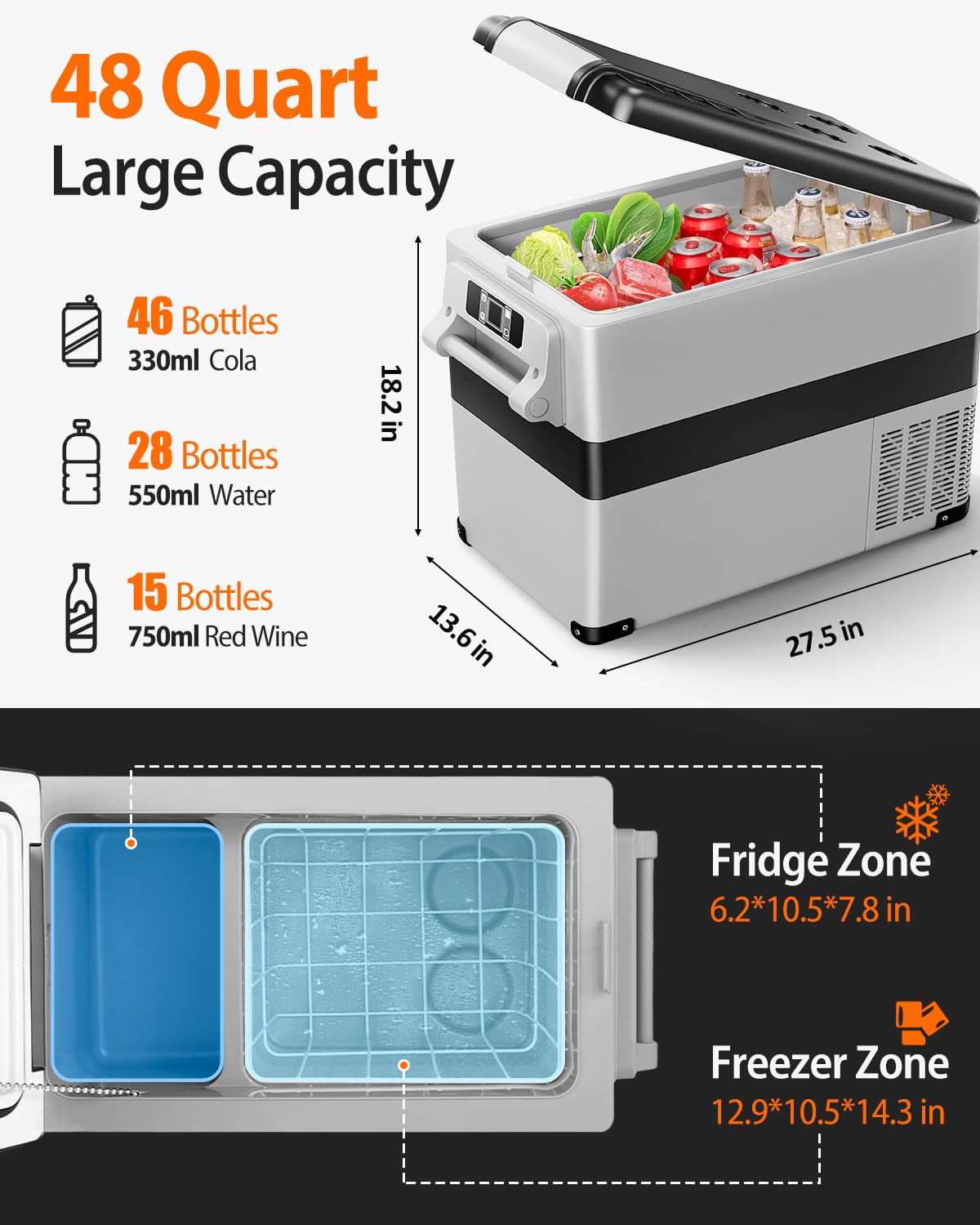Feelfunn Car Fridge Portable 12V Refrigerator - 48 Quart(45L) Electric Cooler with AC/DC for Truck Van RV Camper SUV, Car Refrigerator Freezer for Camping Boat Travel, APP Control, -4~68°F