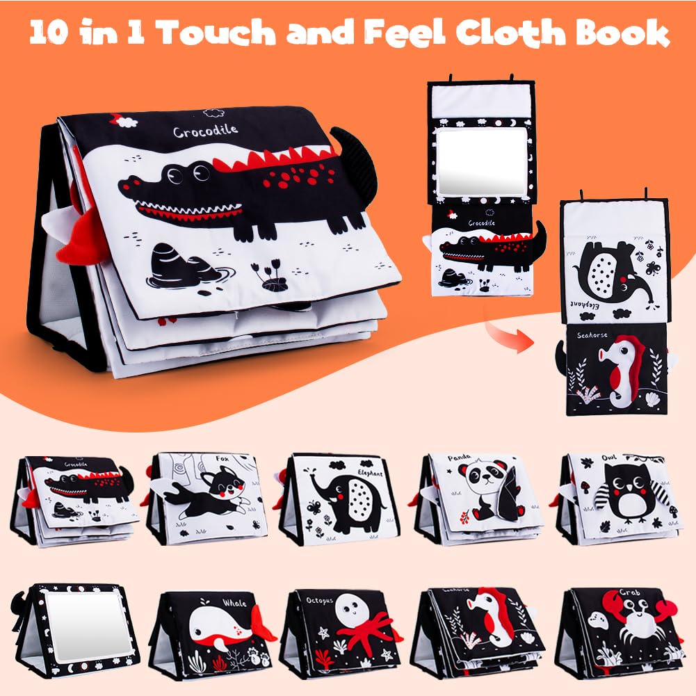 Yohome Black and White Baby Books for Newborn, Tummy Time Mirror, Baby Mirror Infant Toys with Soft Cloth Book, High Contrast Baby Toys, 3D Activity Crinkle Pages Sensory Tummy Time Toys for Babies