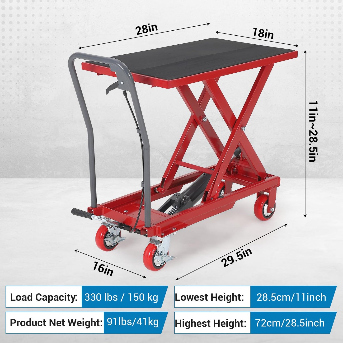 Hydraulic Lift Table Cart, 330lbs Capacity 28.5" Lifting Height Hydraulic Table Cart, Single Scissor Lift Table with Non-Slip Pad for Material Handling and Transportation, Red