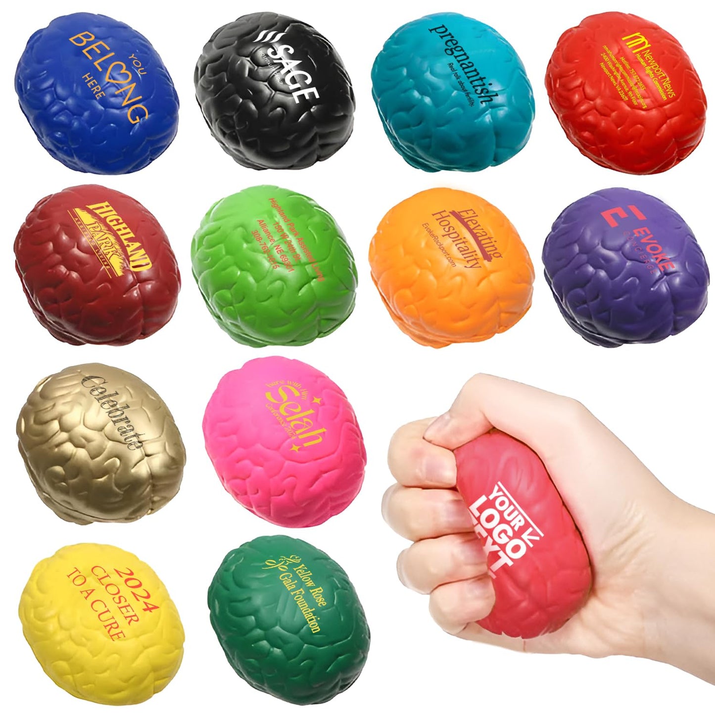 FLIXLEAP 100 Sets of Custom Stress Relief Foam Balls with Logo, Bulk Brain Shape Personalized Foam Balls, Anxiety Stress Relief Stress, Perfect for Office, Travel or Home