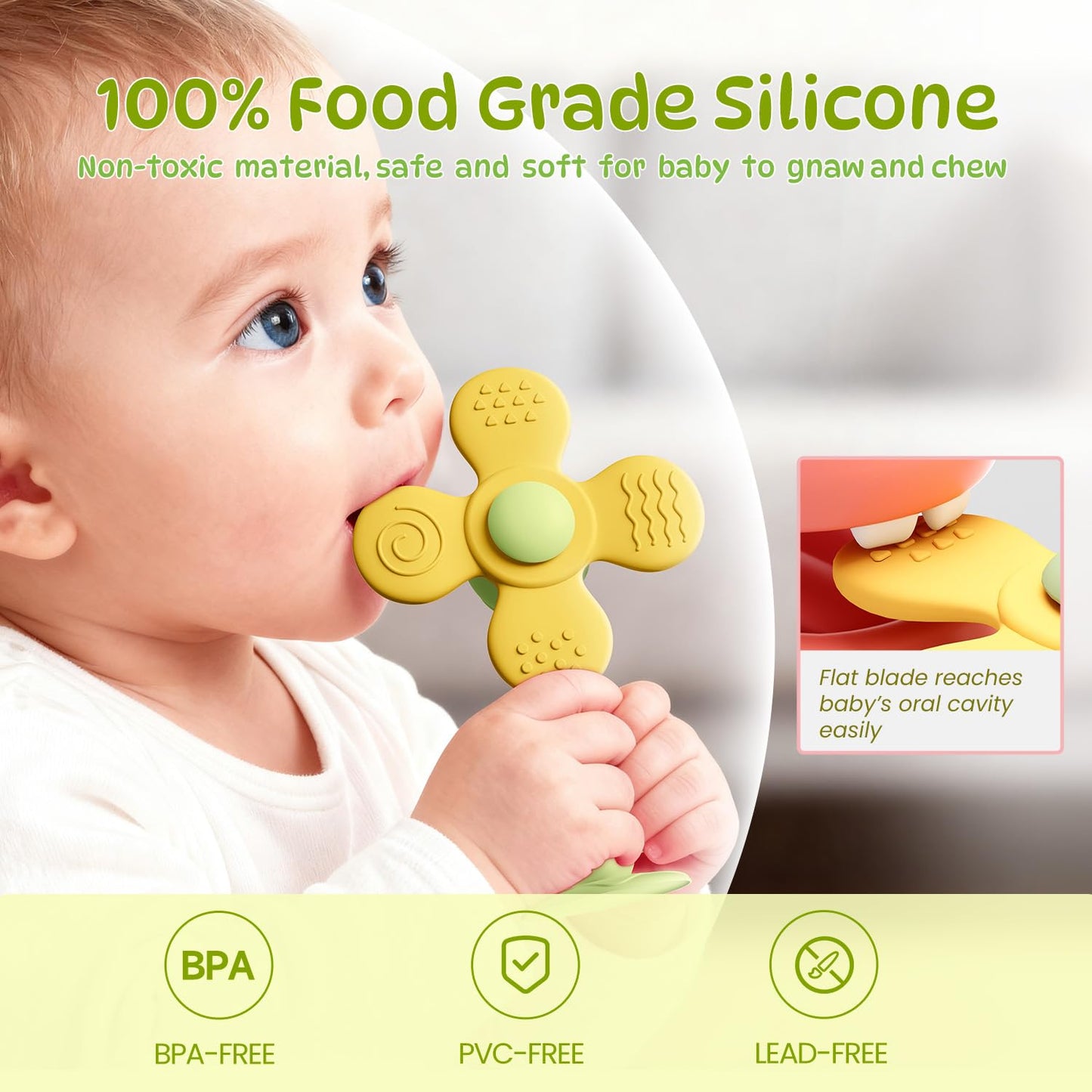 Windmill Baby Teething Toys, 2-in-1 Silicone Teether & Montessori Sensory Rattle Toy, BPA-Free Food Grade Baby Teether, 6-12 12-18 Toddler Boy Girl Essentials for Teething Relief, Green