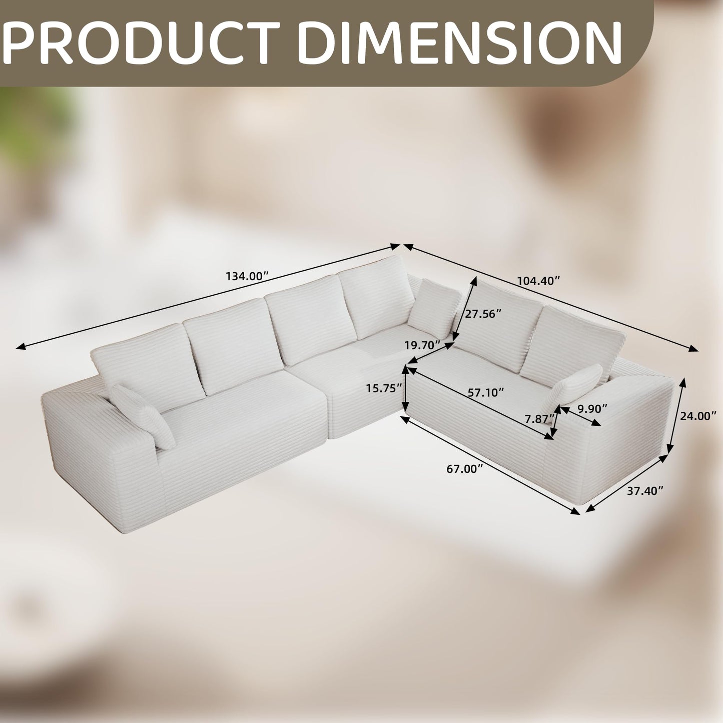 WJShome 104” Modular Sectional Cloud Couch, Boneless Sofa with Deep Seat, Comfy Fluffy Couch with L-Shaped Chaise, No Assembly Required, Right-Facing Chaise, Beige