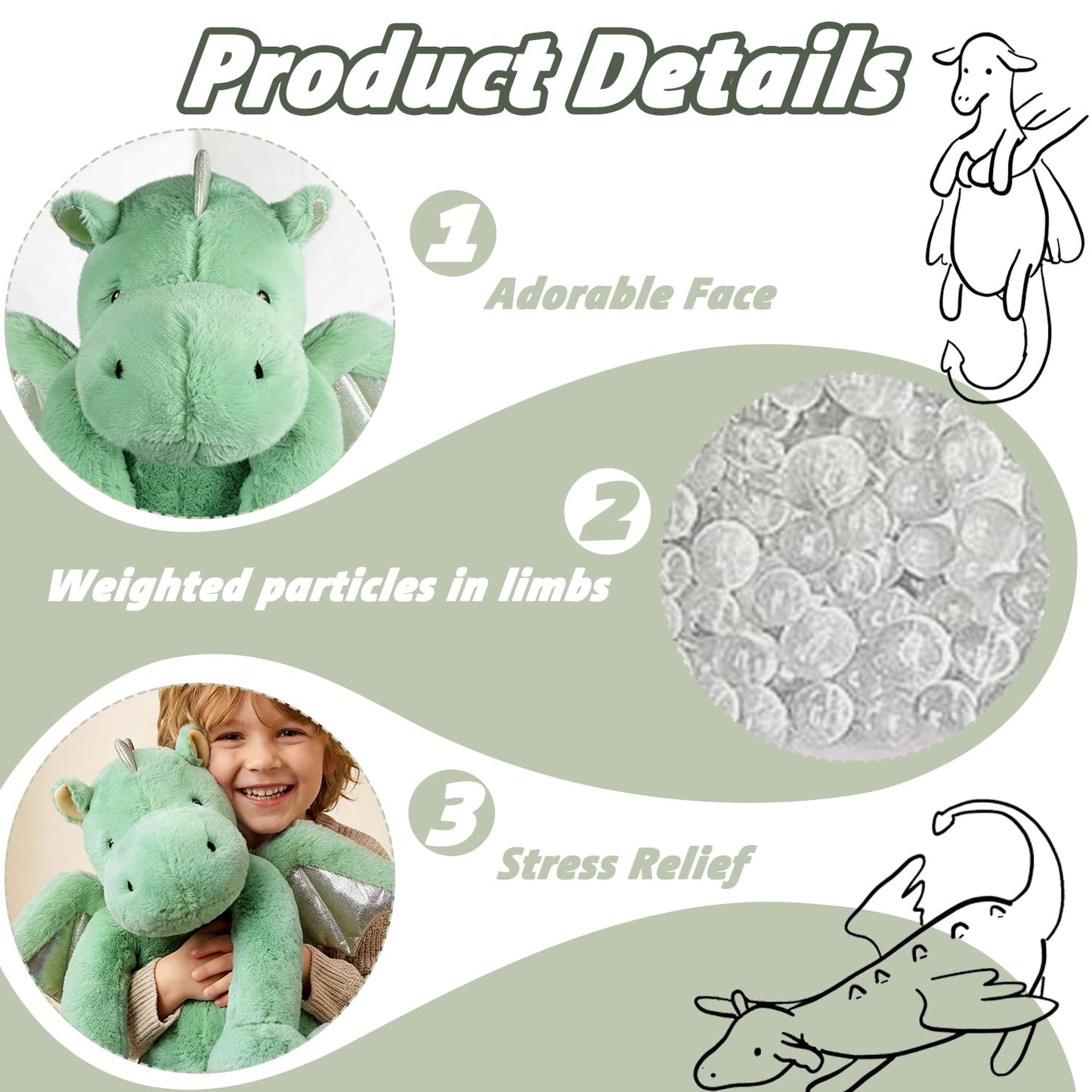 ARELUX Large Dragon Stuffed Animal Plush Toy - Cute Green Pterosaur Plushie, Giant Fuzzy Dinosaur Pillow for Cuddling, 50in Length (33in Sitting Height), Soft Plush Gift for Friends & Family