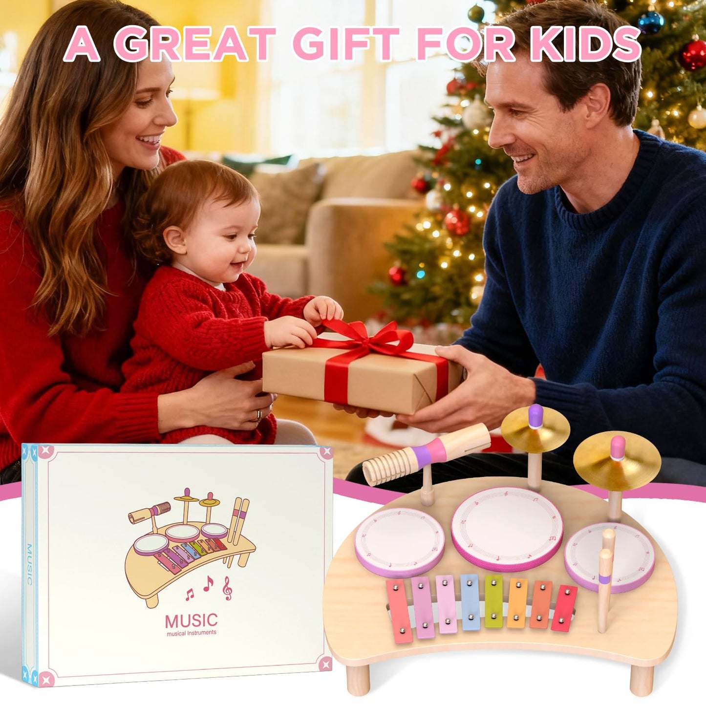 Kids Drum Set Montessori Musical Instruments for Toddlers 1-3, Wooden Baby Drum Kit with Xylophone, Preschool Music Toys for Early Learning, Educational Birthday Gift for Boys Girls (Pink)