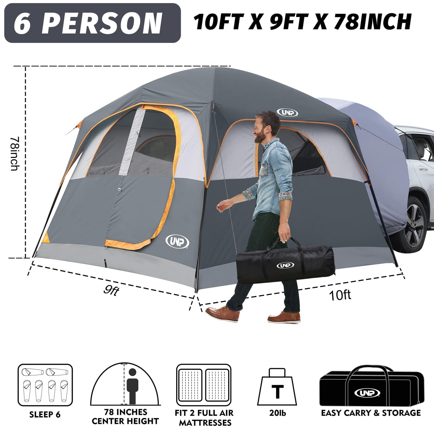 UNP SUV Tent for Camping, 6-Person Car Camping Tents, SUV Tailgate Tent for Outdoor, Easy Set Up with Rainfly 10'x9'x78in(H) (Gray)
