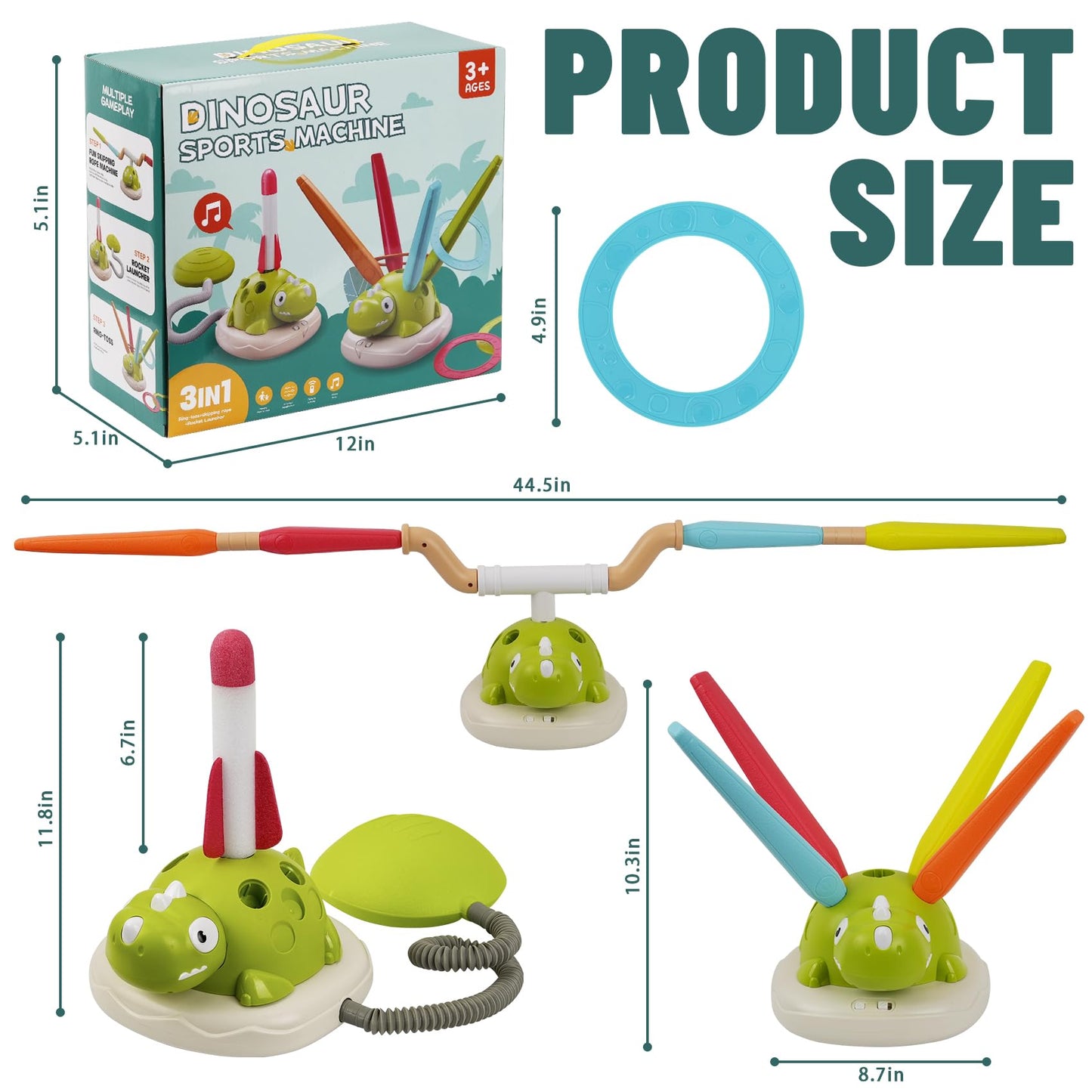 3-in-1 Dinosaur Rocket Launcher, Ring Toss & Musical Jumping Toy for Kids Aged 3-8 , Remote Control Outdoor & Indoor Toys for Boys and Girls , Birthday Gift for Boys & Girls Ages 4-8