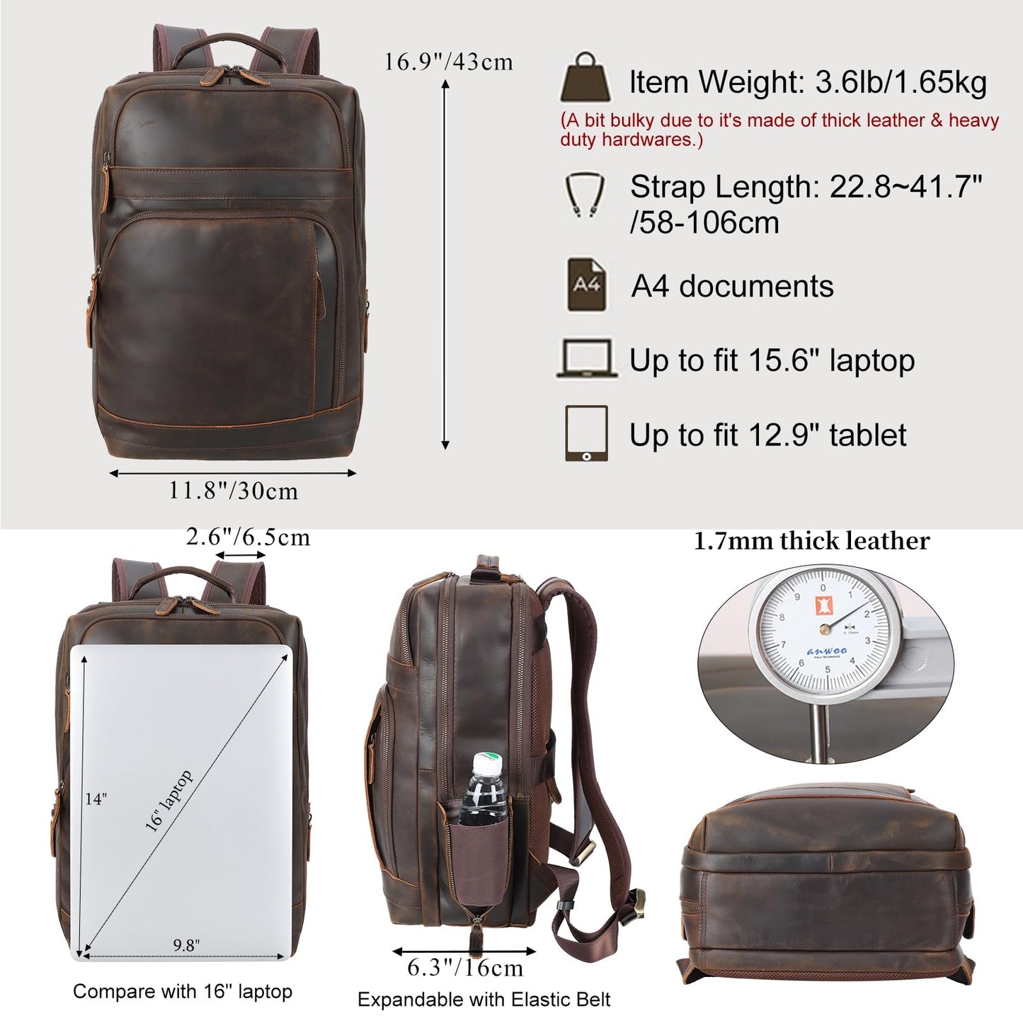 Masa Kawa Brown Leather Laptop Backpack for Men Fits 16” 15.6” Computer, Vintage Business Travel Work Large Daypack Weekender Bag Camping Rucksack