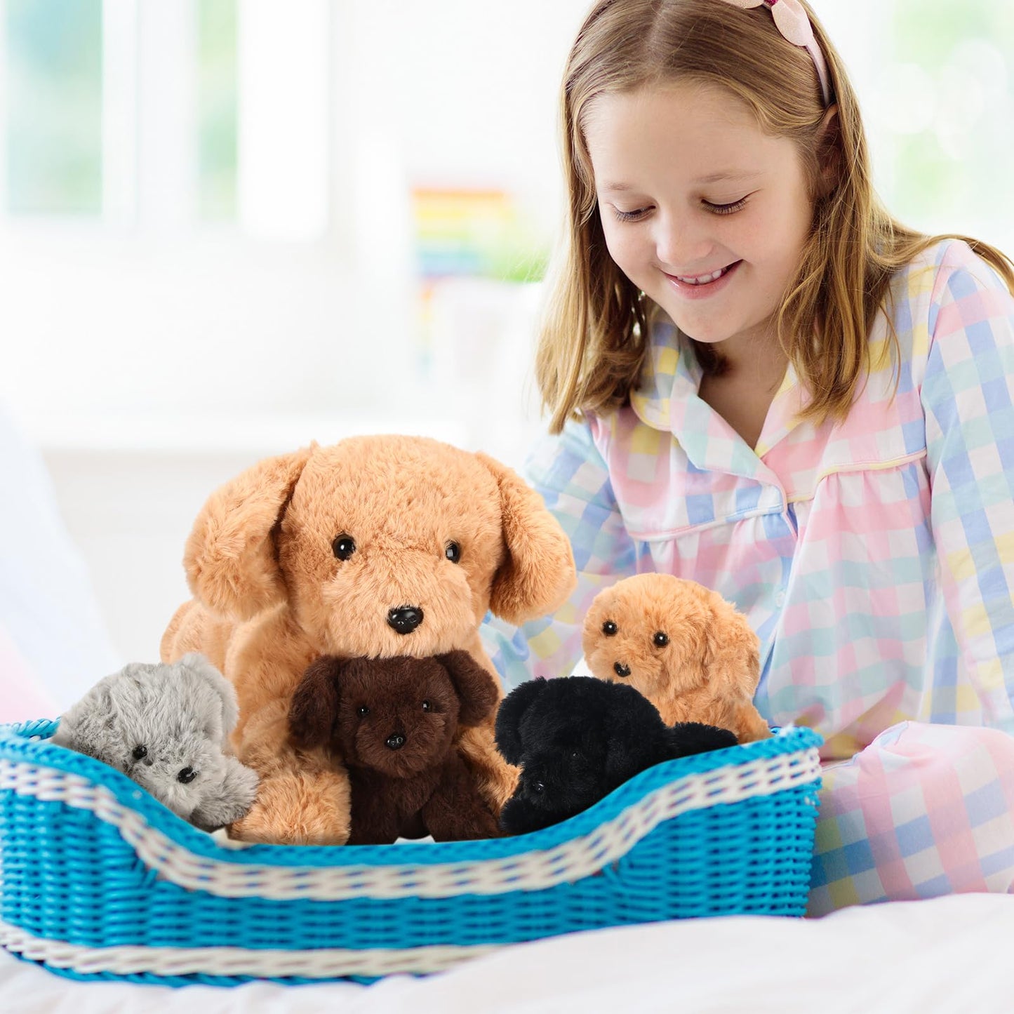 Skylety 5 Pcs Dog Stuffed Animal Puppy Stuffed with Babies Inside 1 Big Mommy with 4 Mini Baby Cute Soft Toy for Children Birthday Party Adopt a Puppy Favor(Lying Labrador)
