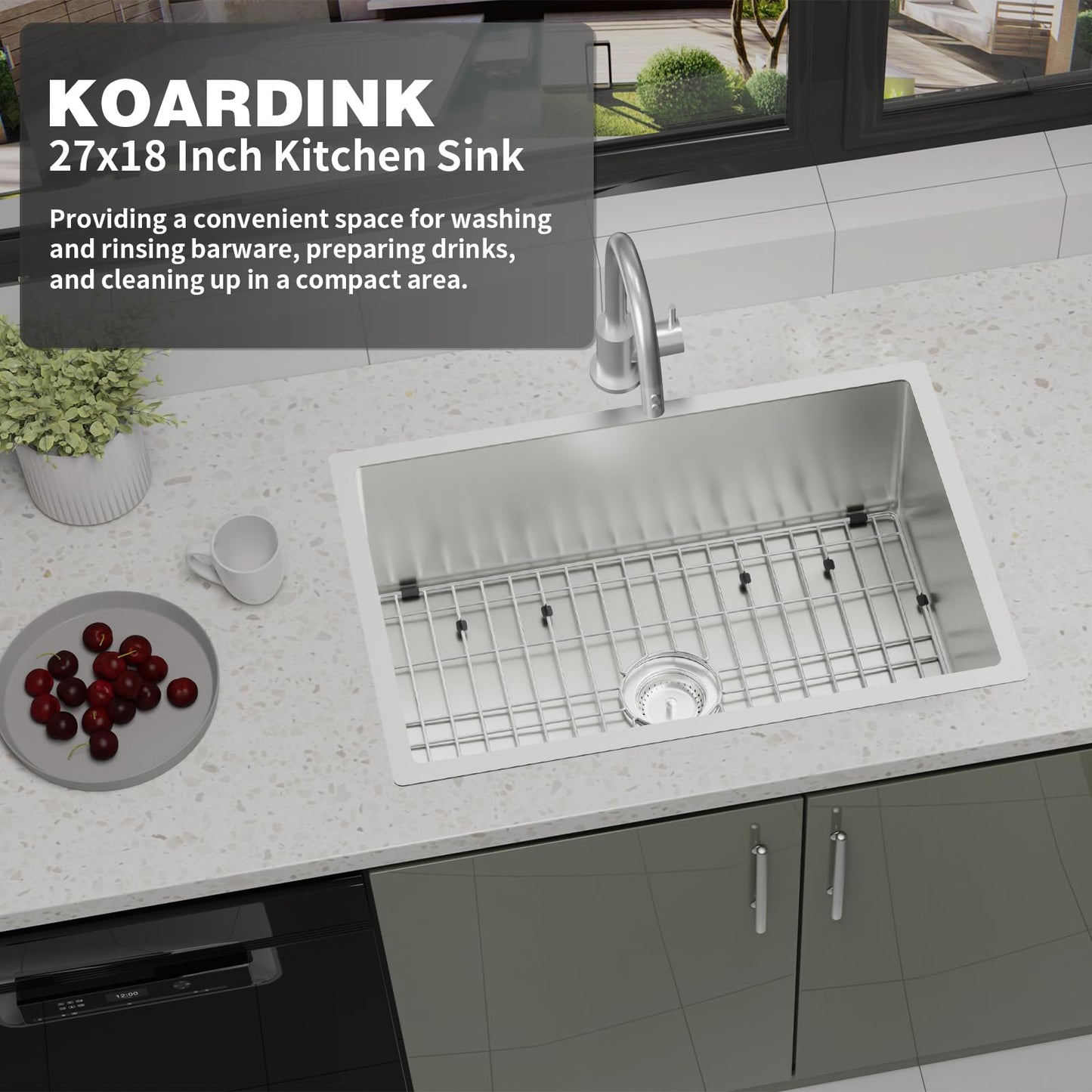 Stainless Steel Drop In Kitchen Sink - 27x18 Inch Modern Undermount Single Bowl - SS Grid, Spoon Rest, Drain Strainer Set