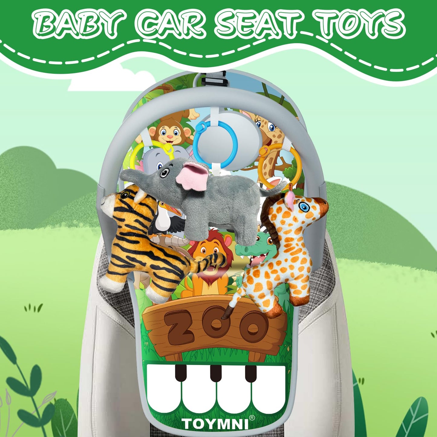 TOYMNI Car Seat Toys for 6-12 Months - Musical Pedal Piano with Baby Mirror, Squeaky Sensory Soft Animal Toys for Rear Facing Carseats