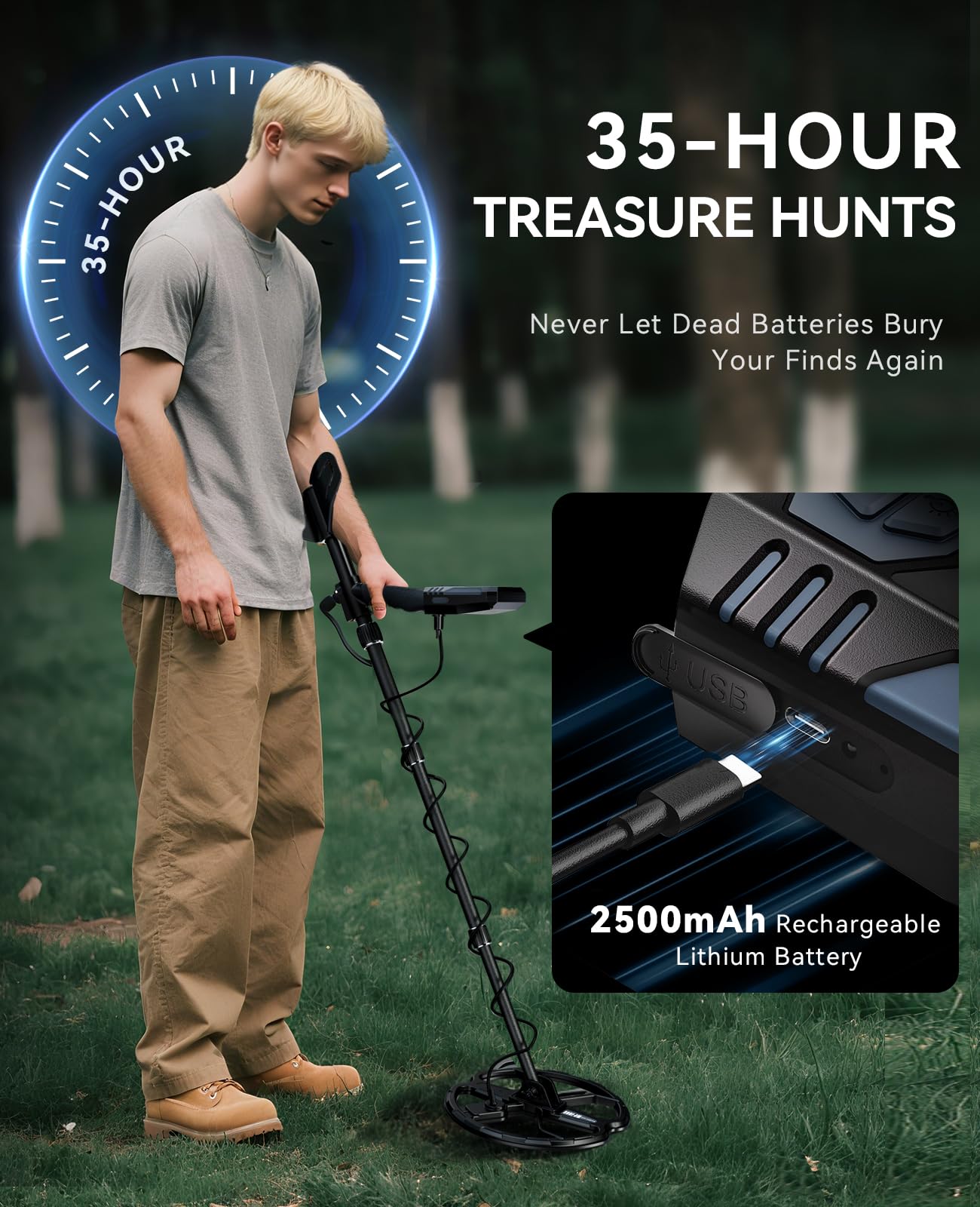 SUNPOW Rechargeable Metal Detector for Adults - 2500mah Lithium Battery for 35H Use - Waterproof Gold Detector with 10'' Deep Dual D-Coil, 4 Professional Modes, Sturdy Spiral Structure – OTMD15