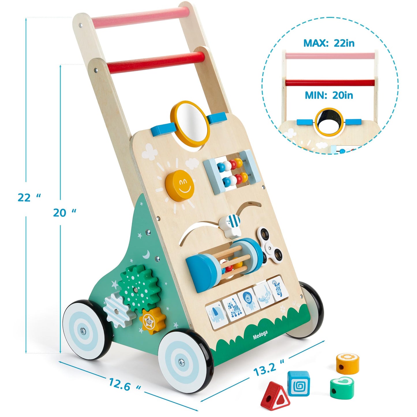 Wooden Baby Walker, 10 in 1 Baby Activity Center Walker Adjustable Wood Toddler Walker Push Walker Toy for Boys and Girls (BW001)