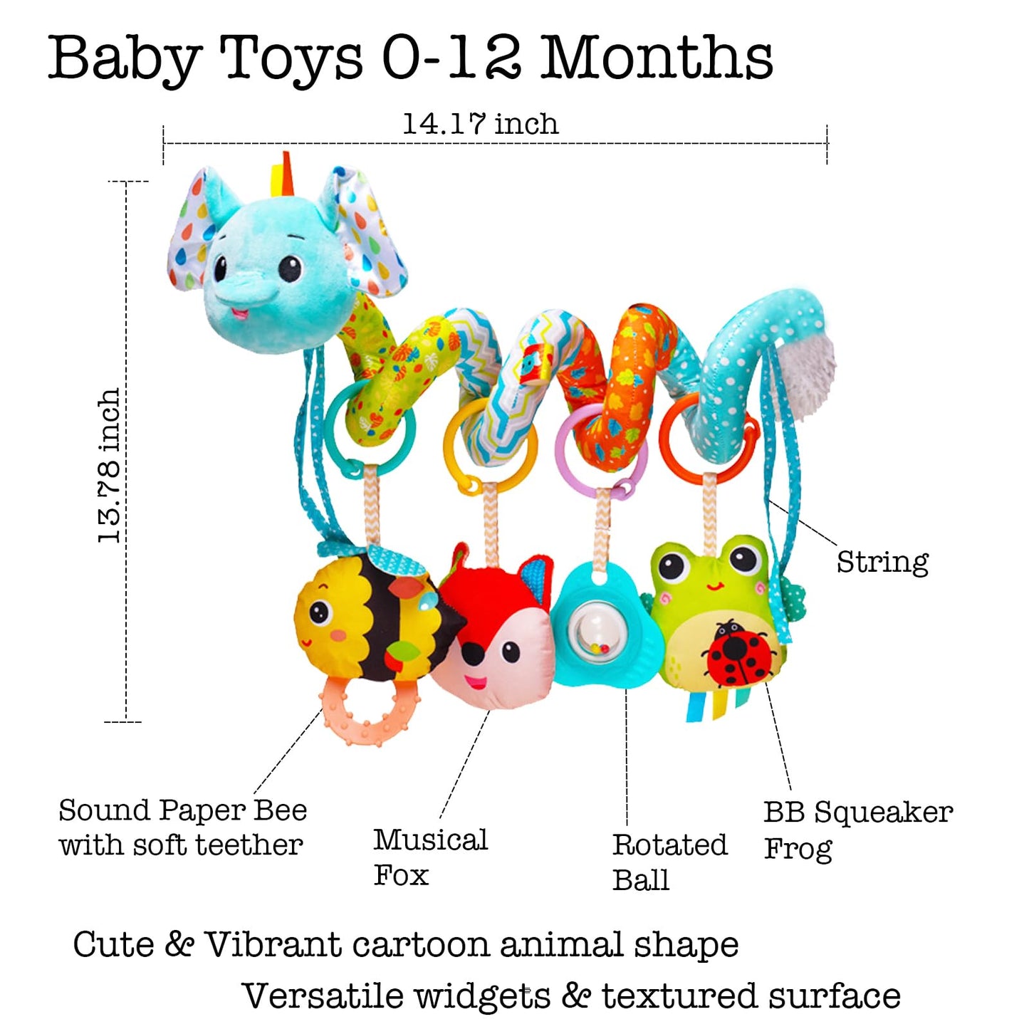Stroller Toys, Car Seat Toys for Babies Infants 0-6 Months, Activity Spiral Plush Hanging Toy Gift for Baby Boys and Girls 0 3 6 12 Months Newborn Sensory Toy with Rattles Squeaker Music -Blue