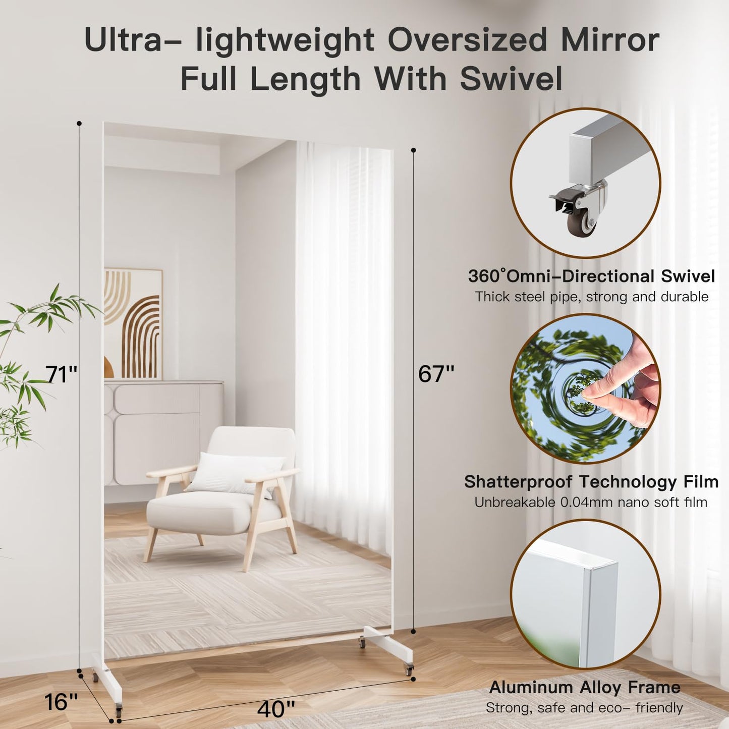 brisafe NanoMirror Non-Glass Ultra-Light 9.5 lbs Home Gym on Wheels, 67" x 40" Extra Large Full Body Mirror, Unbreakable & Shatterproof, 360° Swivel for Yoga, Dance, Fitness Studio & Home, White