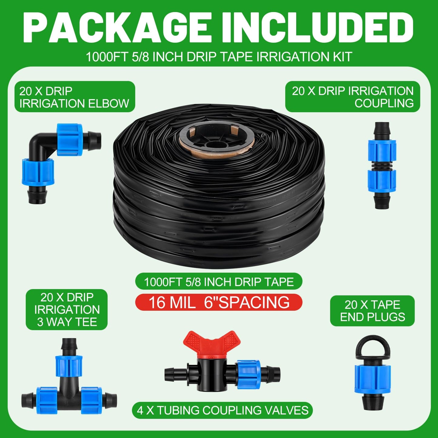1000 Ft Drip Tape Irrigation Tubing Kit 5/8 Inch Hose 16 Mil Thickness 6" Spacing Automatic Watering System for Gardens Farms Landscapes