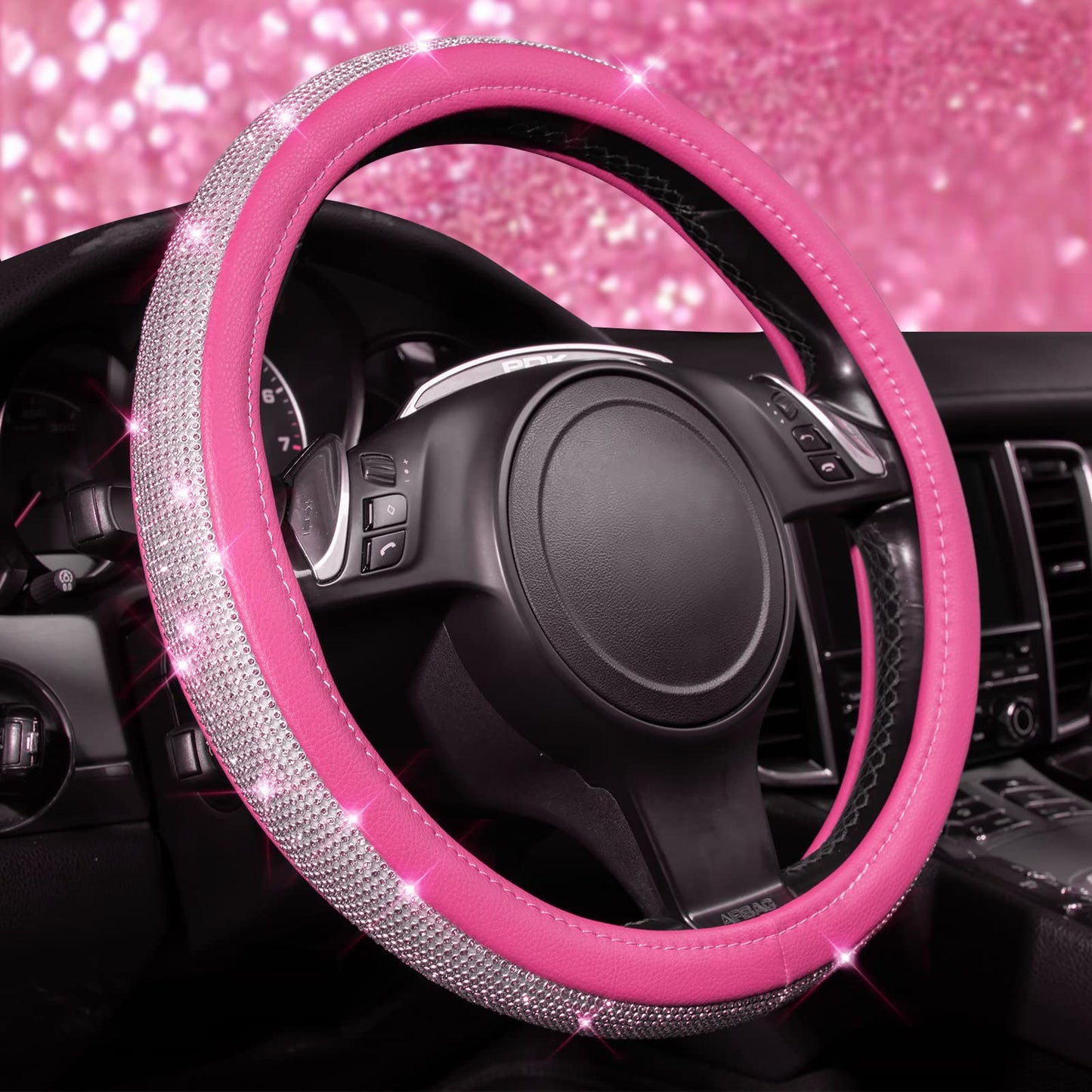 CAR PASS Bling Diamond Leather Steering Wheel Cover, with Bling Sparkly Crystal Glitter Rhinestones Universal Fit 14.5in-15in Car Wheel Protector for Women Girl Fit Suvs,Vans,Sedans,Car,Trucks, Silver