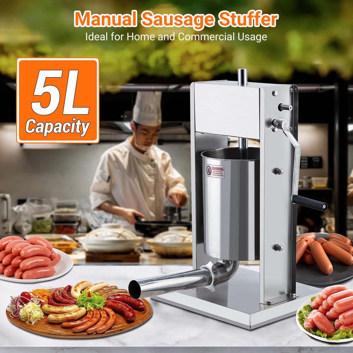 Sausage Stuffer, Manual 11LBS/5L Sausage Maker Machine, Meat Stuffer with Dual Speed, Stainless Steel Heavy Duty Sausage Filler with 5 Stuffing Tubes, for Commercial and Home Use