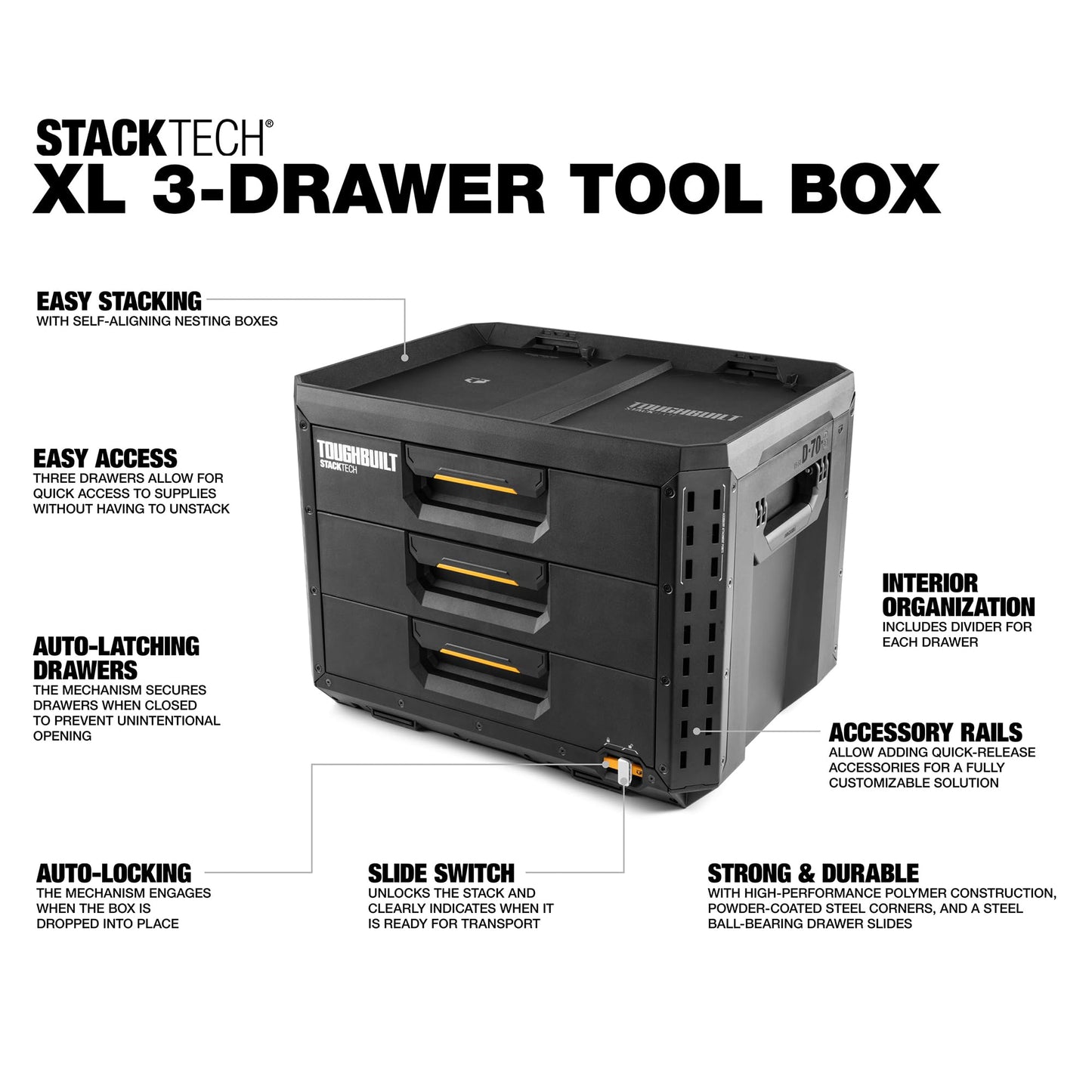 ToughBuilt StackTech XL 3 Drawer Tool Box, Heavy-Duty Portable Tools Chest, 50 lb Capacity - Stackable Toolbox Storage Organizer with 22 Dividers, Auto-Latching Drawers and Accessory Rails