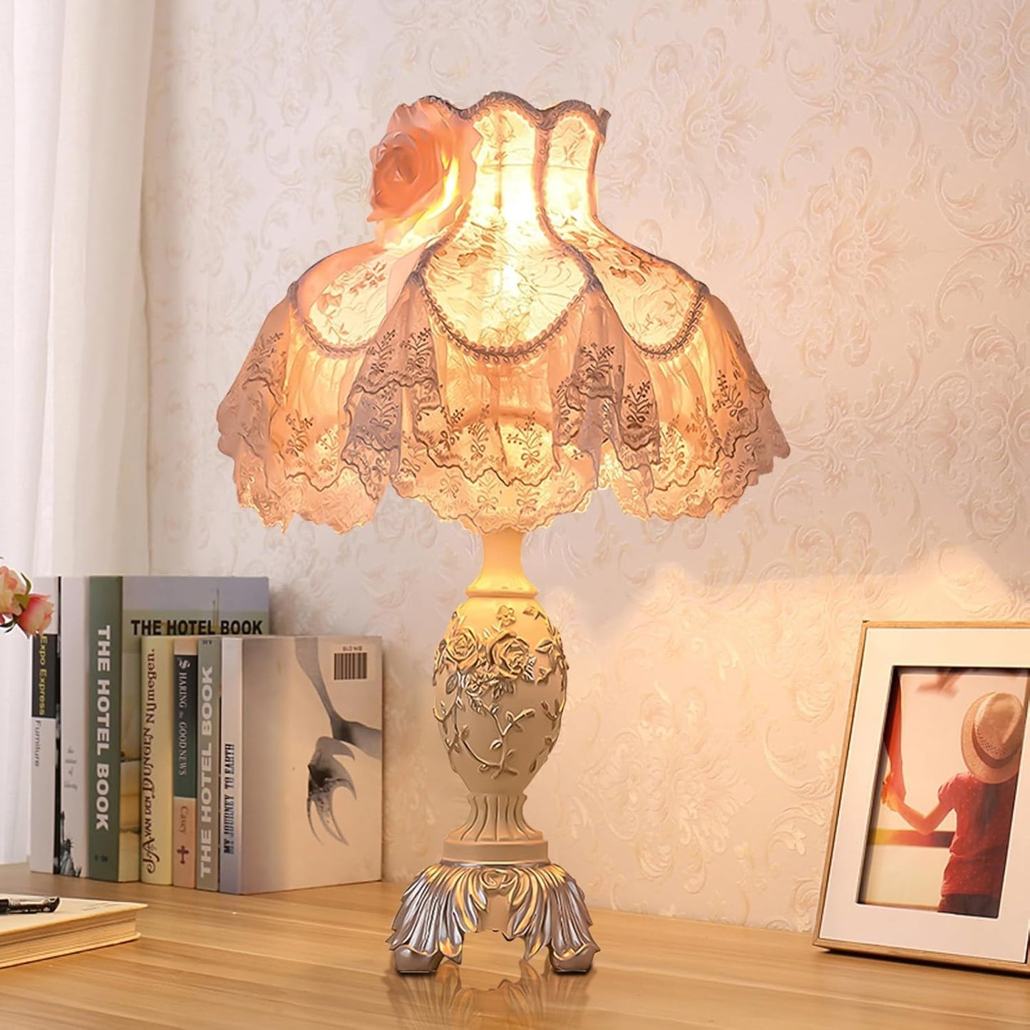 SANDYHA Pink European Style Desk Lamp with Fabric Shade,Victorian Table Lamp with E27 Bulb and Button Switch European Vintage Lamps for Bedroom Living Room Office Study